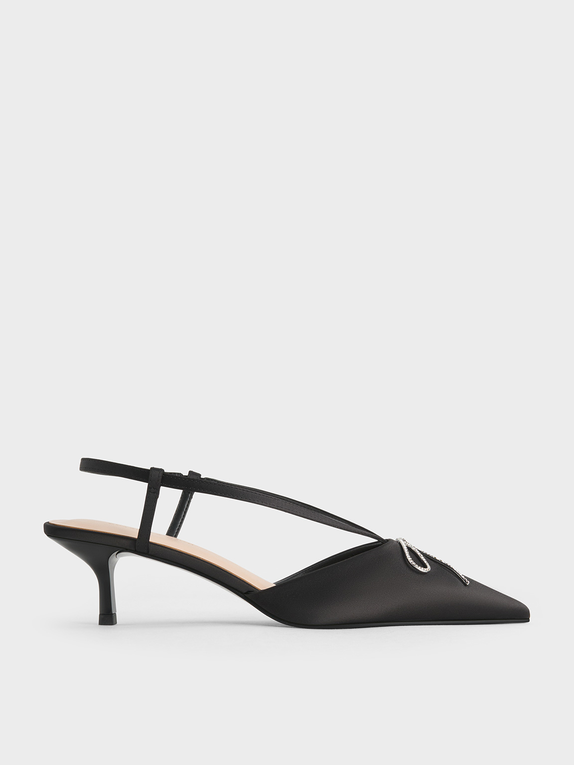 Black Recycled Polyester Crystal-Bow Kitten-Heel Slingback