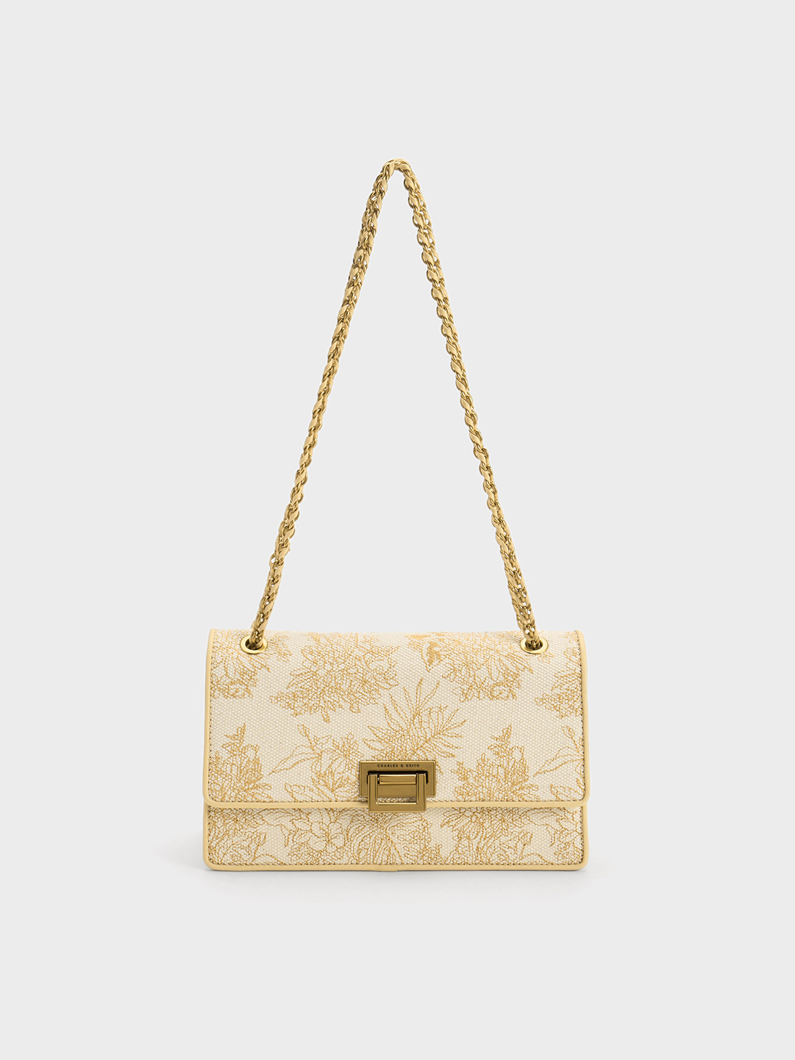 Beige Floral Illustrated Canvas Shoulder Bag - CHARLES & KEITH PH