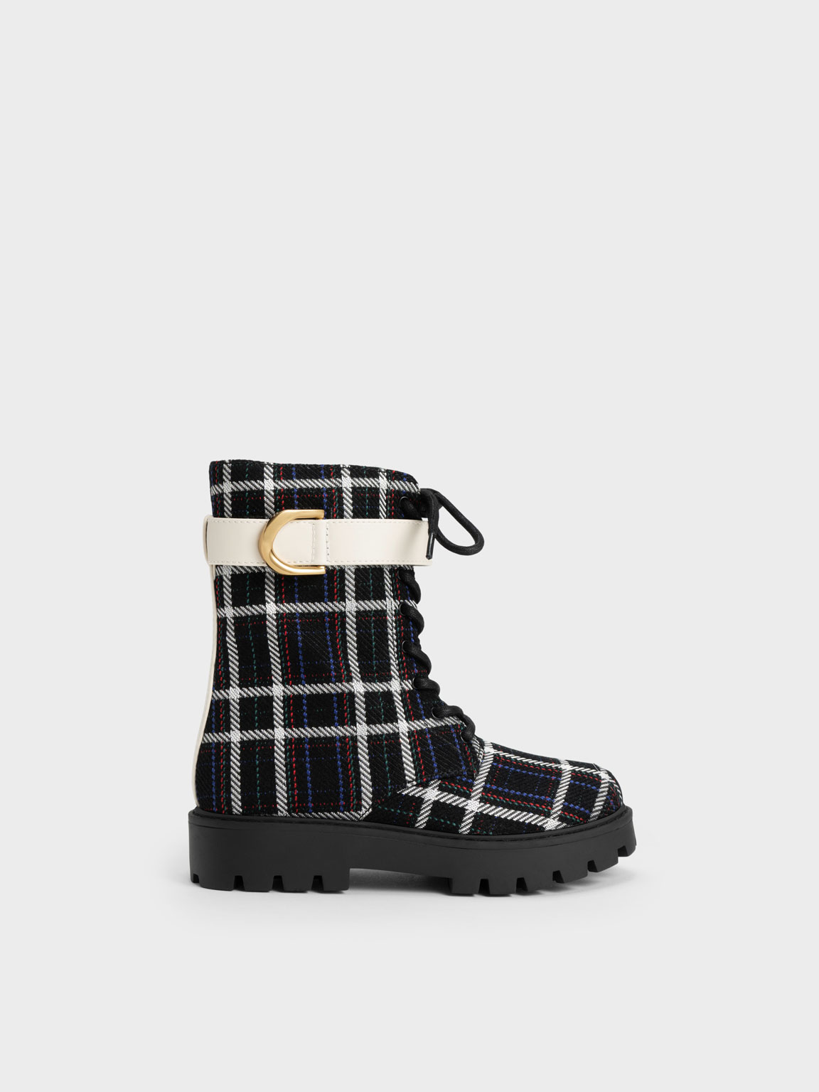 Black Textured Gabine Check-Print Lace-Up Ankle Boots - CHARLES & KEITH US