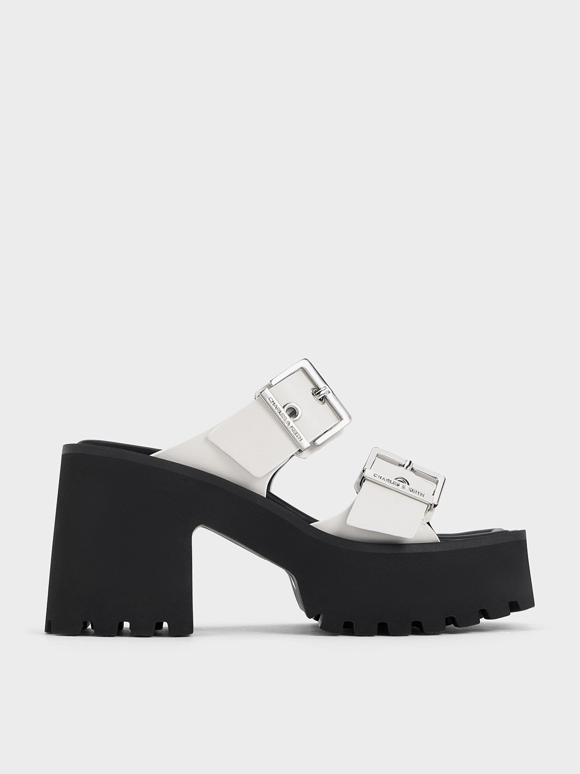 Charles & Keith Trill Grommet Double-strap Platform Mules In White