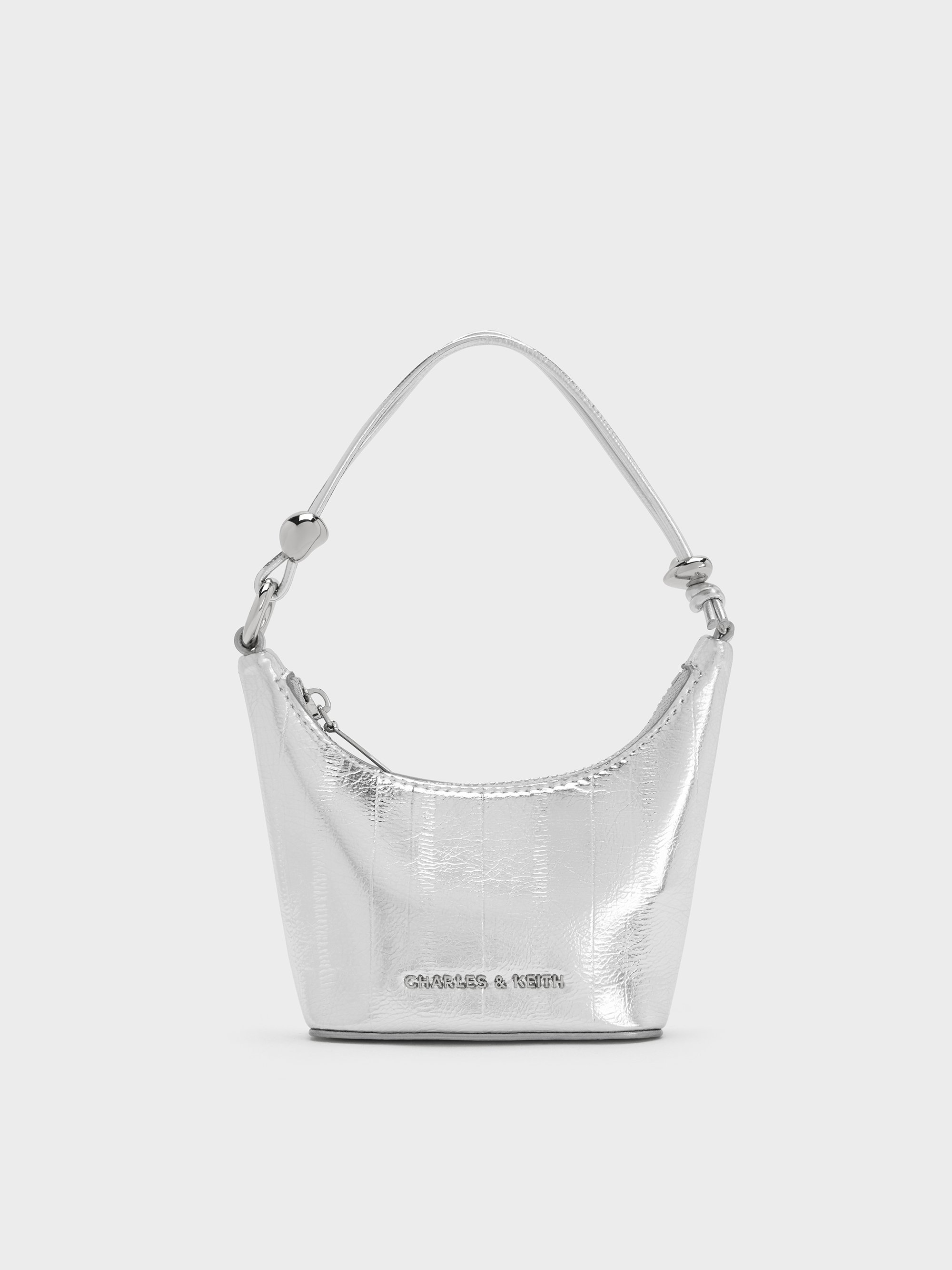Charles & Keith - Micro Augustine Metallic Eel-effect Chain-handle Bag In Silver