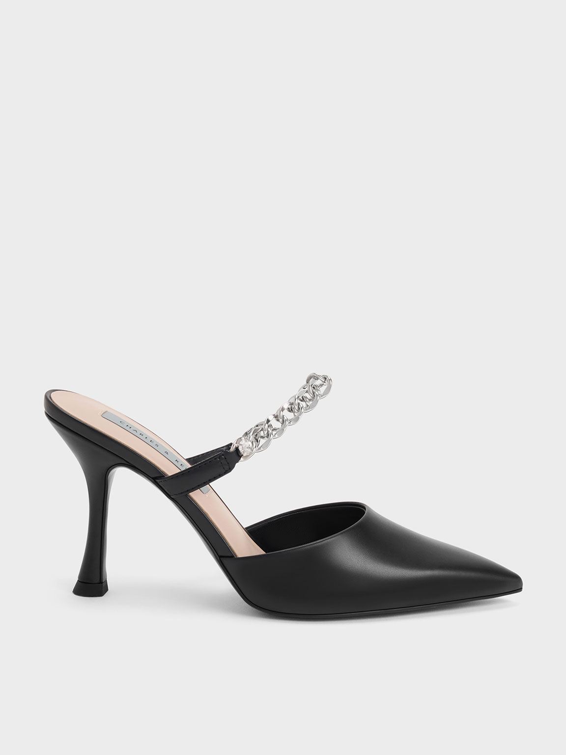 Charles & Keith Chain-link Strap Heeled Mules In Black