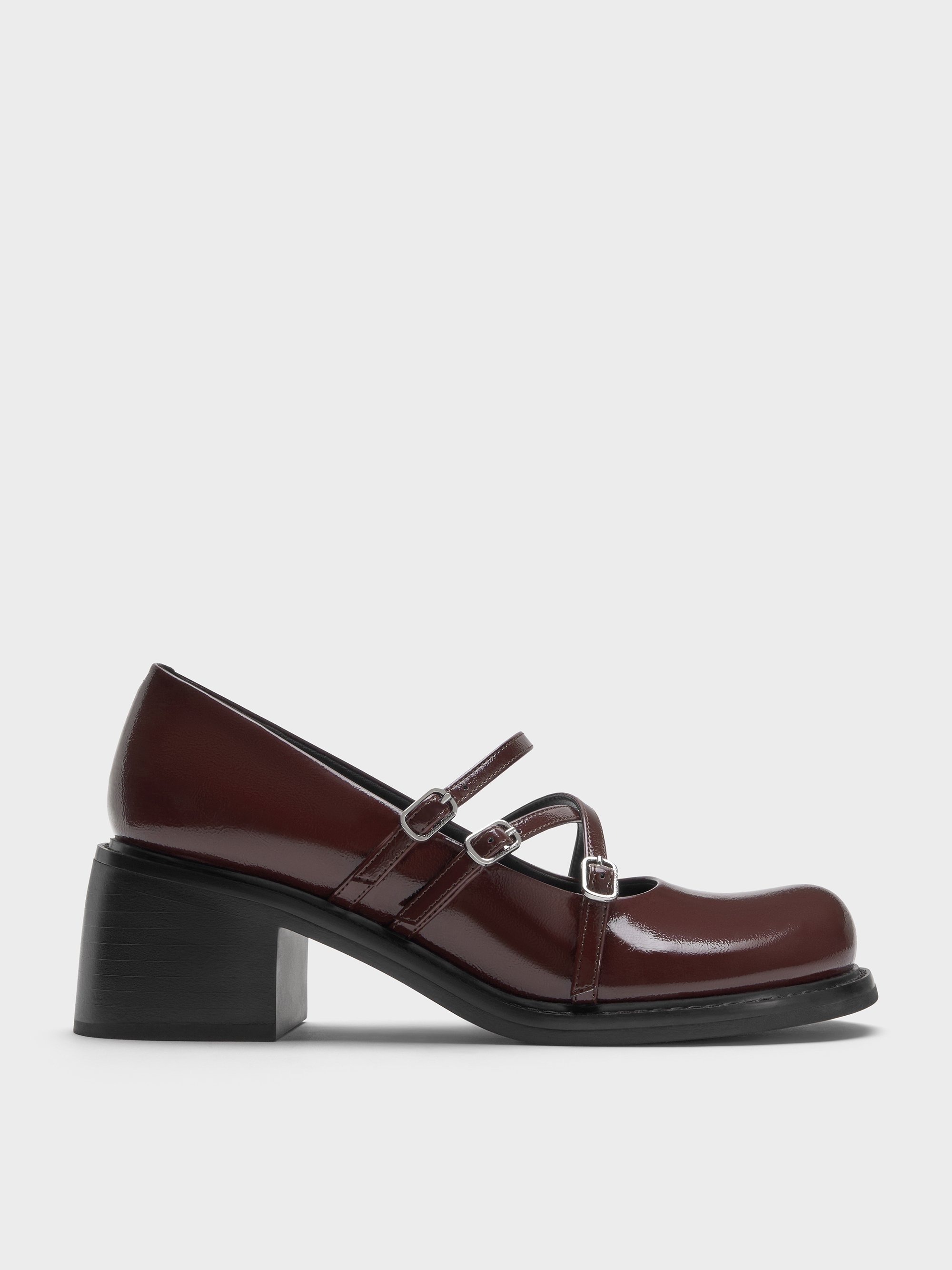 ミドルブーツ CRISS CROSS BROGUED MARY JANE W/ 75MM BLOCK HEEL IN PEBBLE G Burgundy Patent Triple-Strap Crossover Block-Heel Mary Janes