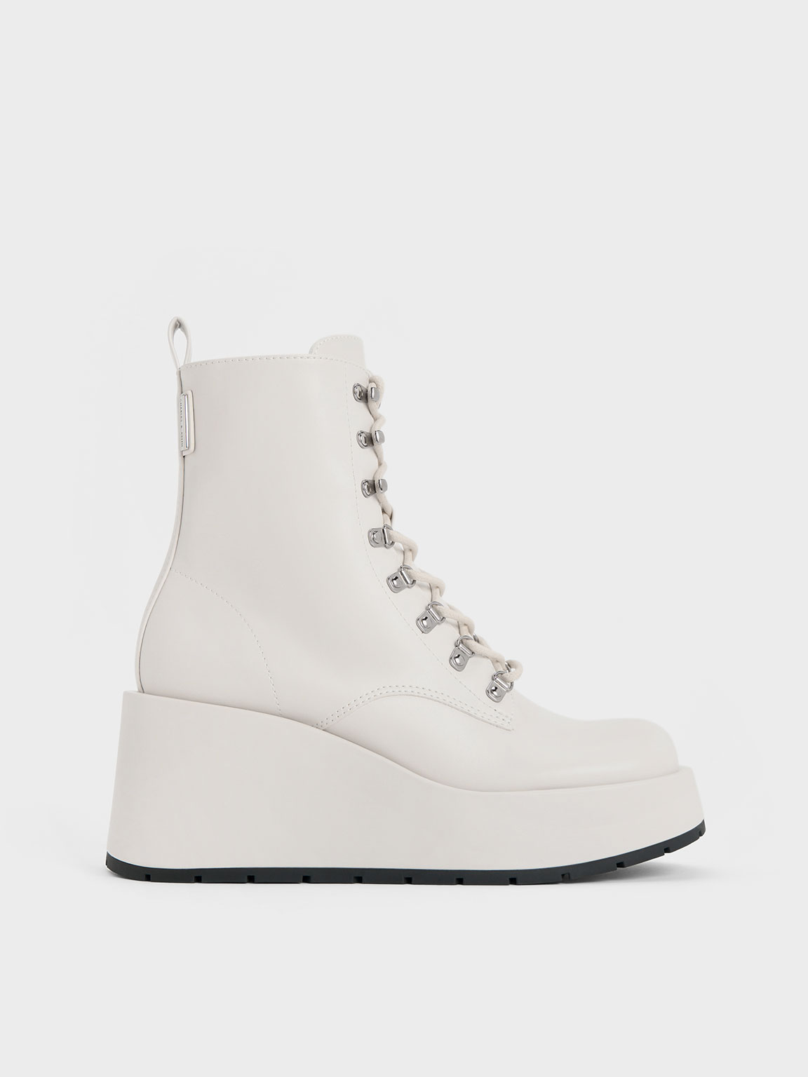 White Lace-Up Platform Wedge Ankle Boots - CHARLES & KEITH SG