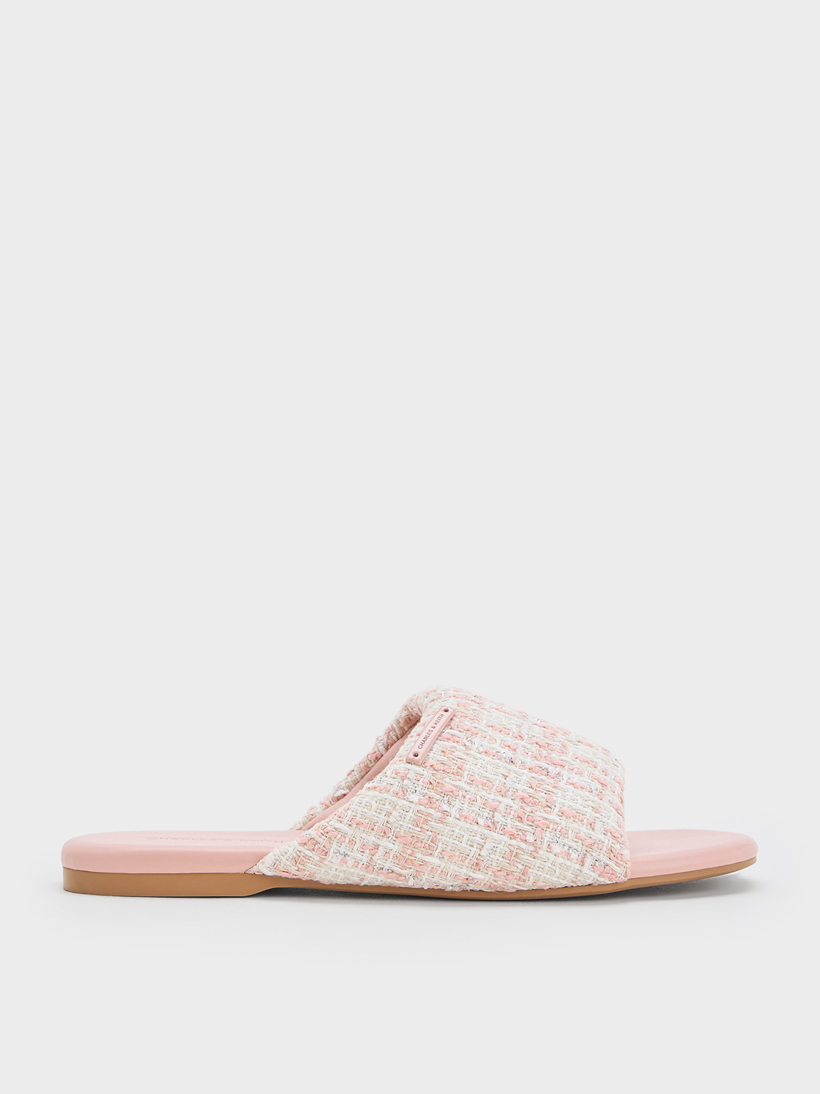 Charles & Keith Tweed Puffy Wide-strap Slide Sandals In Light Pink