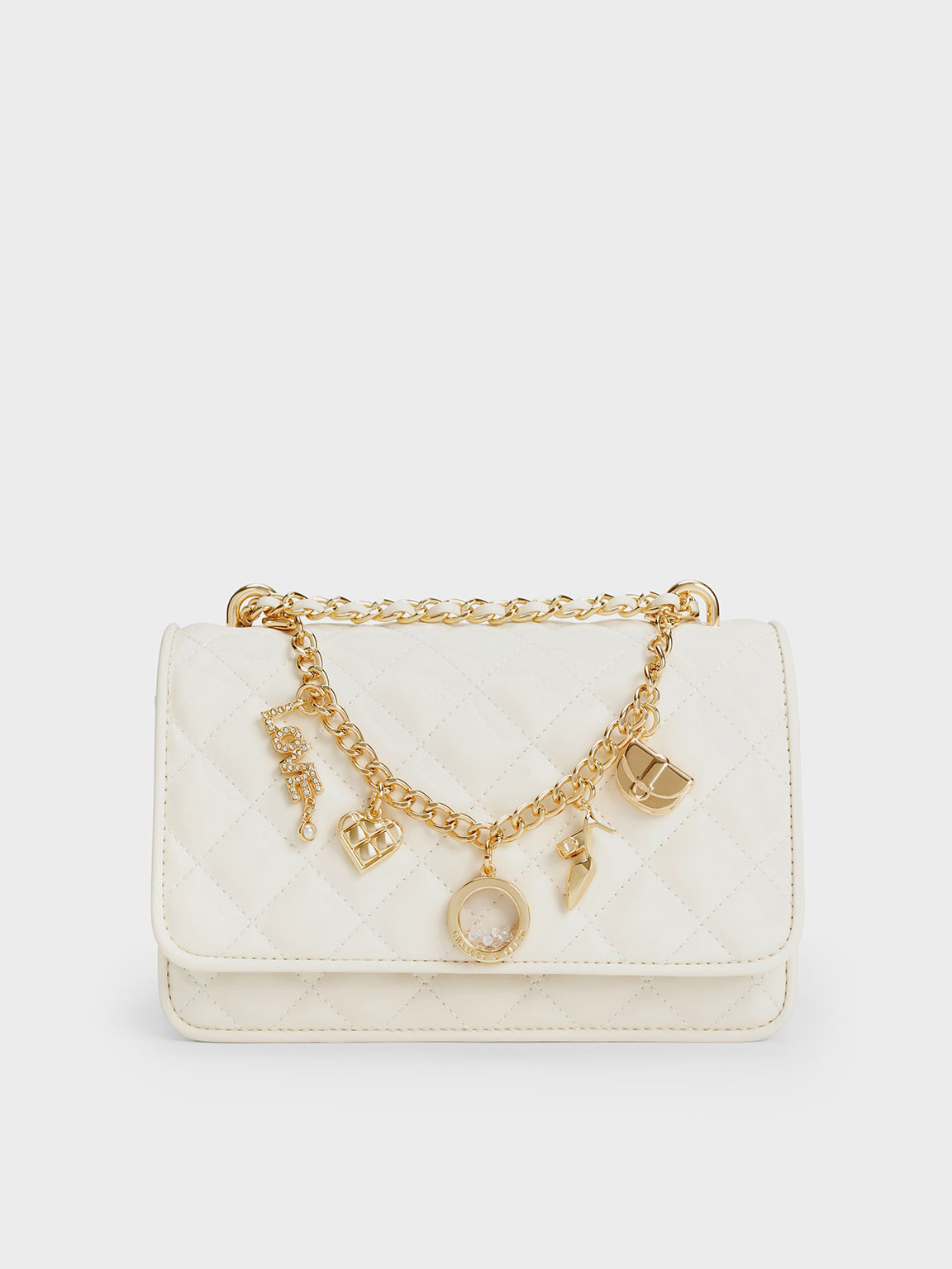Cream Charm-Embellished Quilted Clutch - CHARLES u0026 KEITH TW