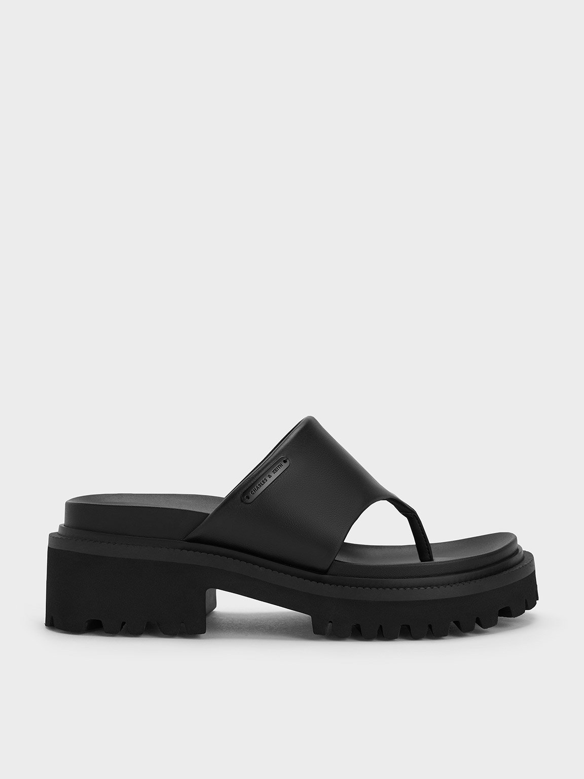 Black Padded Ridged-Sole Thong Sandals - CHARLES & KEITH SG