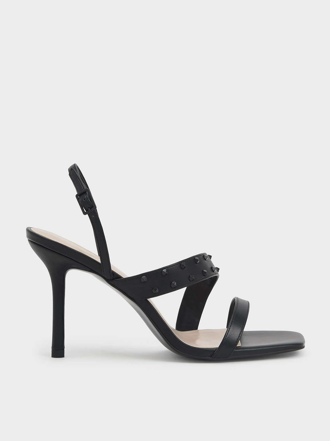 Black Studded Asymmetric Strap Stiletto Sandals - CHARLES & KEITH 