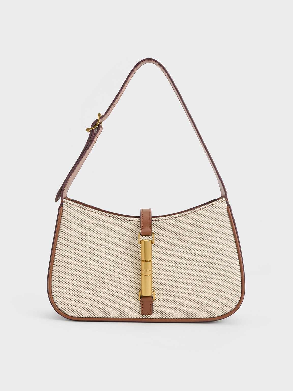 Shop Charles & Keith Cesia Canvas Metallic Accent Shoulder Bag In Chocolate