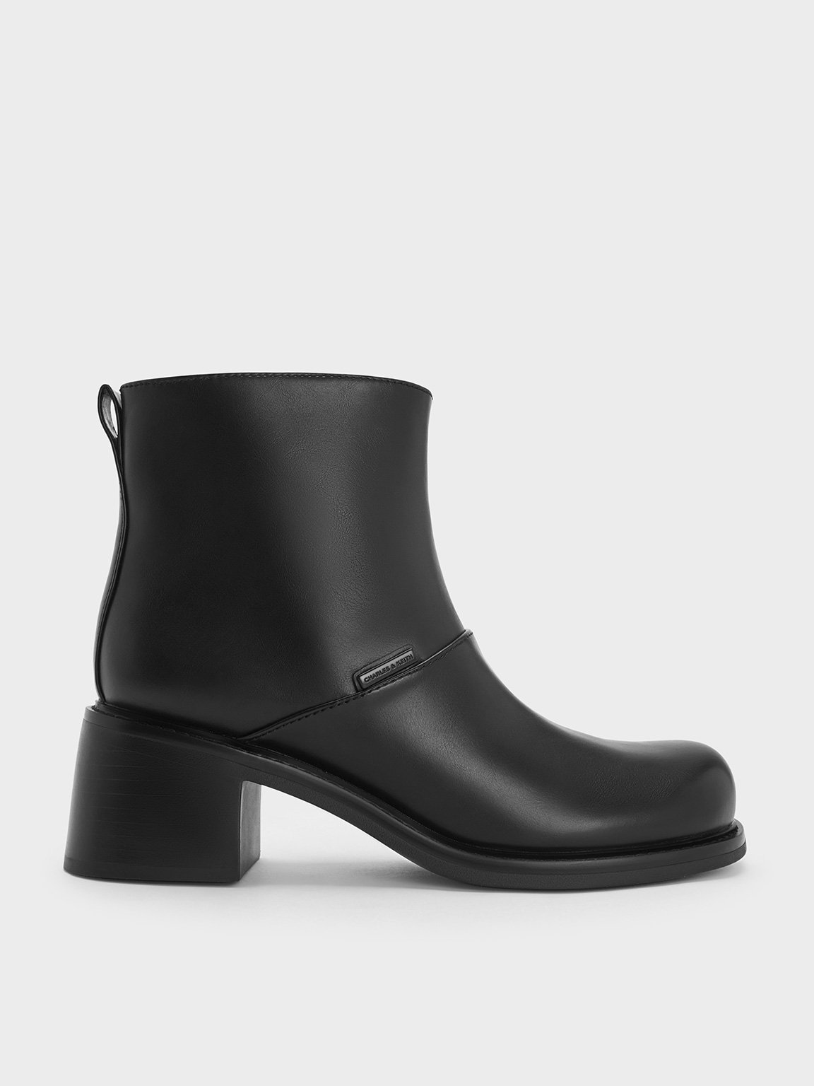 Black Stitch-Trim Block-Heel Ankle Boots - CHARLES & KEITH US