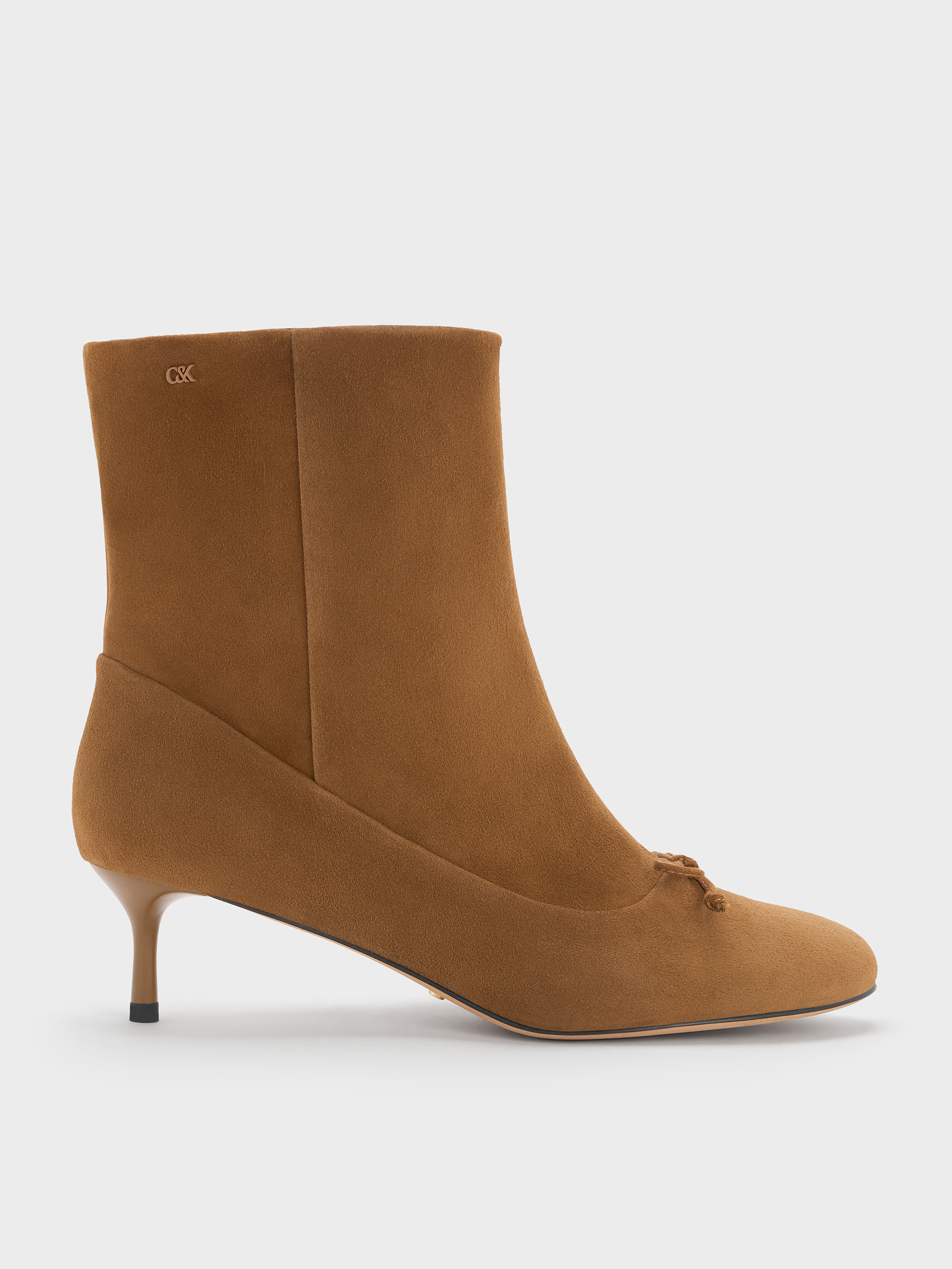 Charles & Keith - Aretha Suede Bow Kitten-heel Calf Boots In Brown