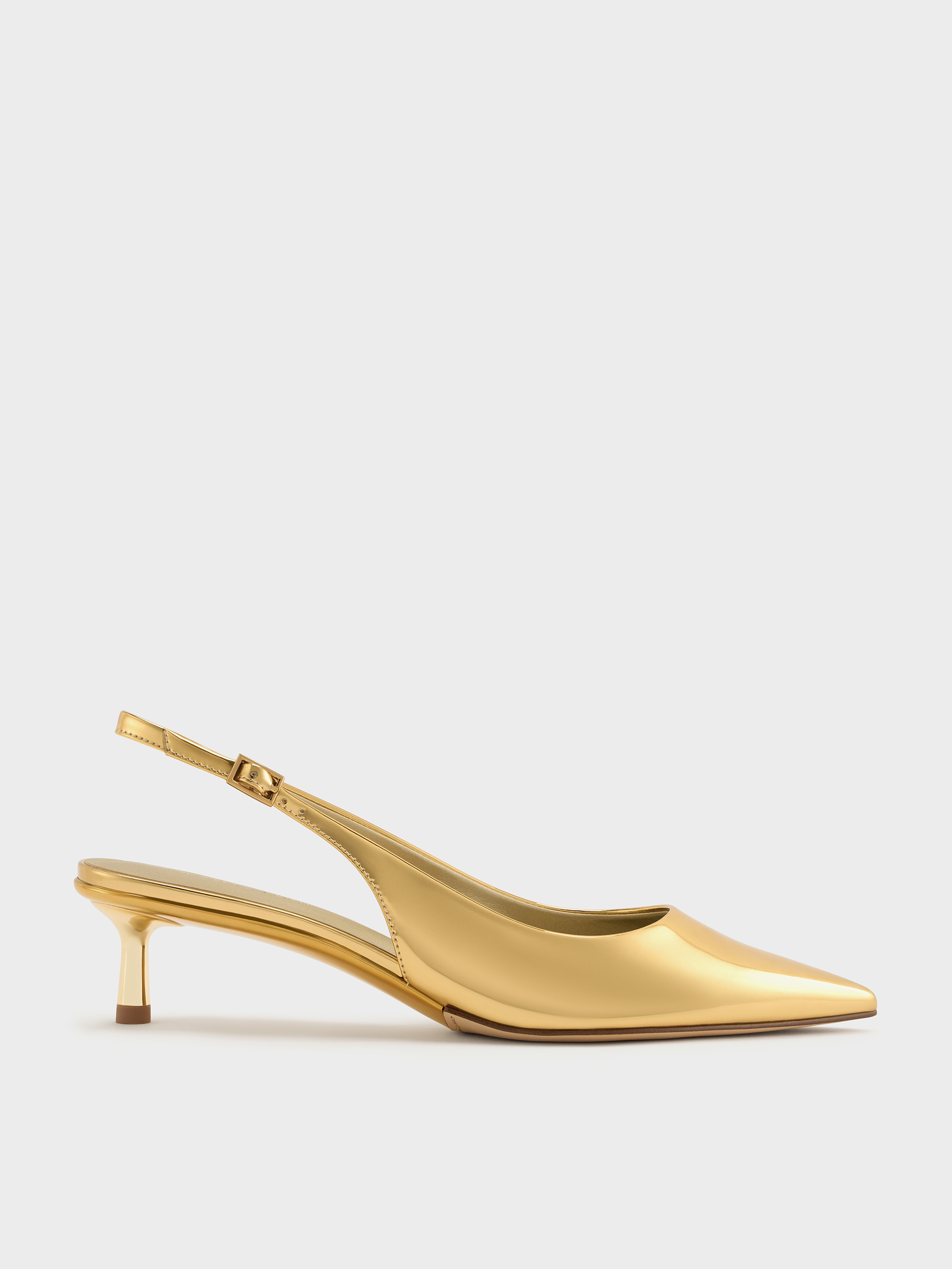 Charles & Keith - Curtis Metallic Pointed-toe Kitten-heel Slingback Pumps In Gold