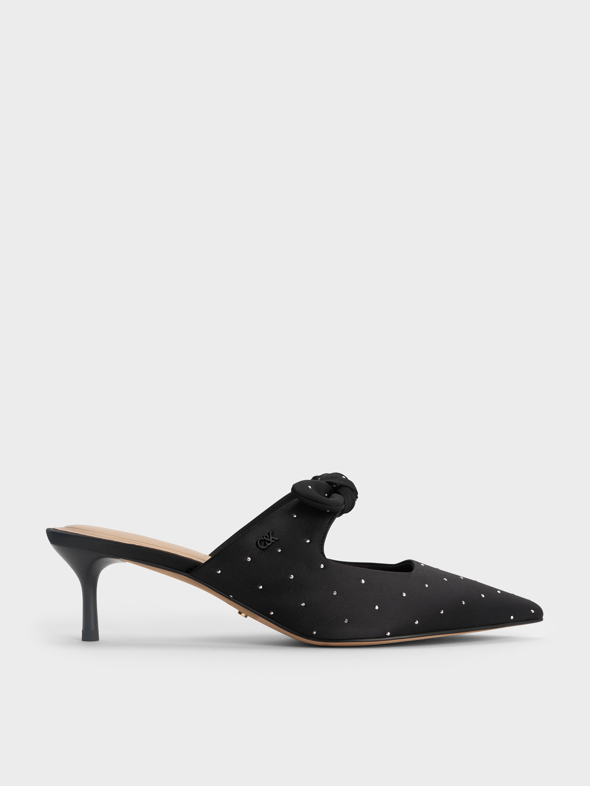 Black Textured Jayce Dotted Knot-Bow Kitten-Heel Mules
