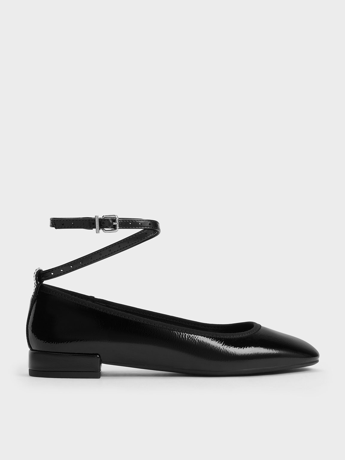 Charles & Keith Patent Ankle-strap Ballet Flats In Black Patent