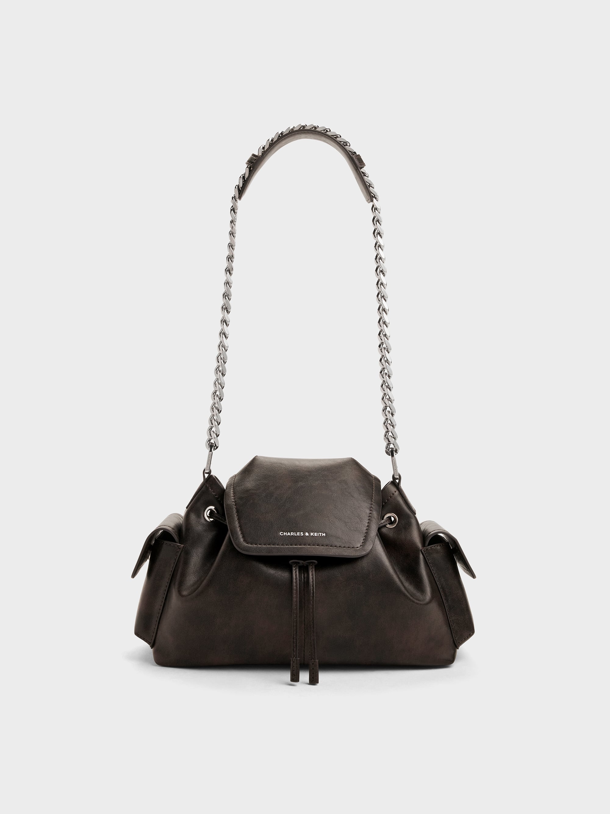 Noane Side-Pocket Two-Way Bucket Bag - Dark Brown - CHARLES & KEITH US