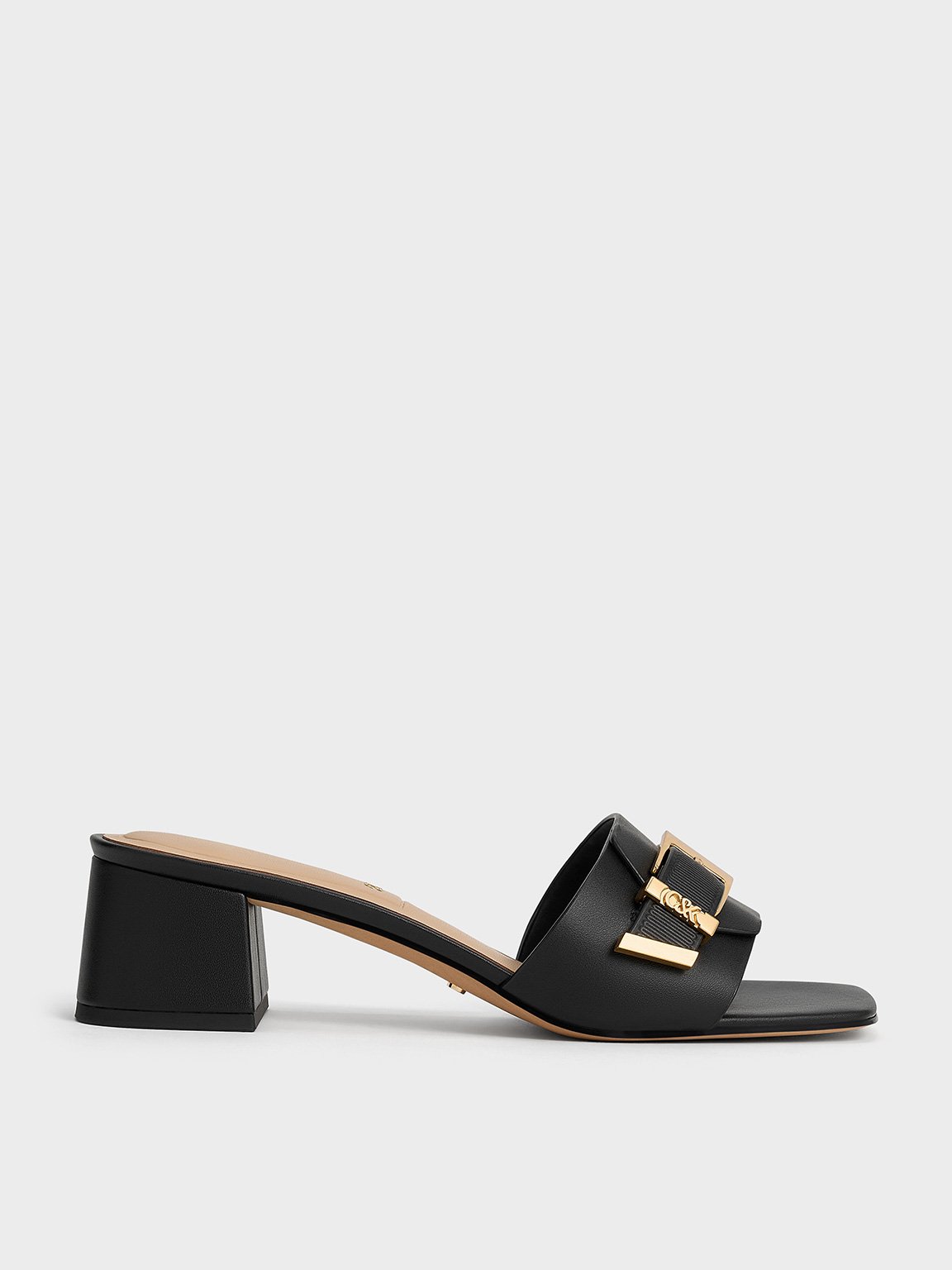Charles & Keith - Leather Buckled Block-heel Mules In Black