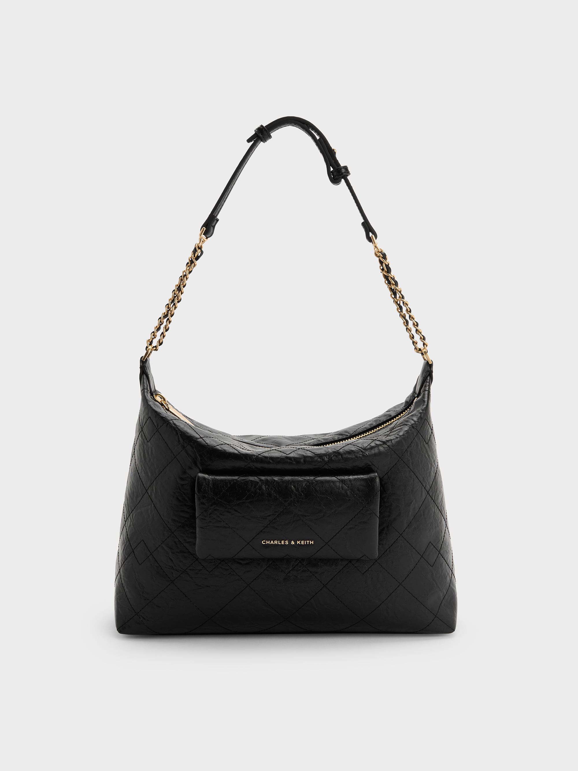 CHARLES & KEITH バッグ Duo Quilted Front-Pocket Hobo Bag - Black - CHARLES & KEITH SG