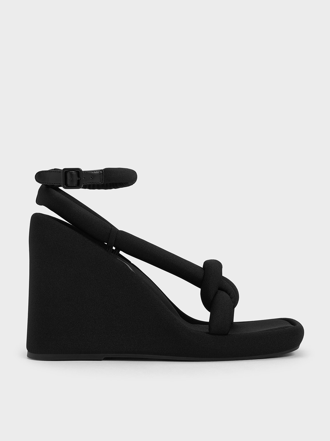 Shop Charles & Keith - Toni Knotted Puffy-strap Wedges In Black Textured