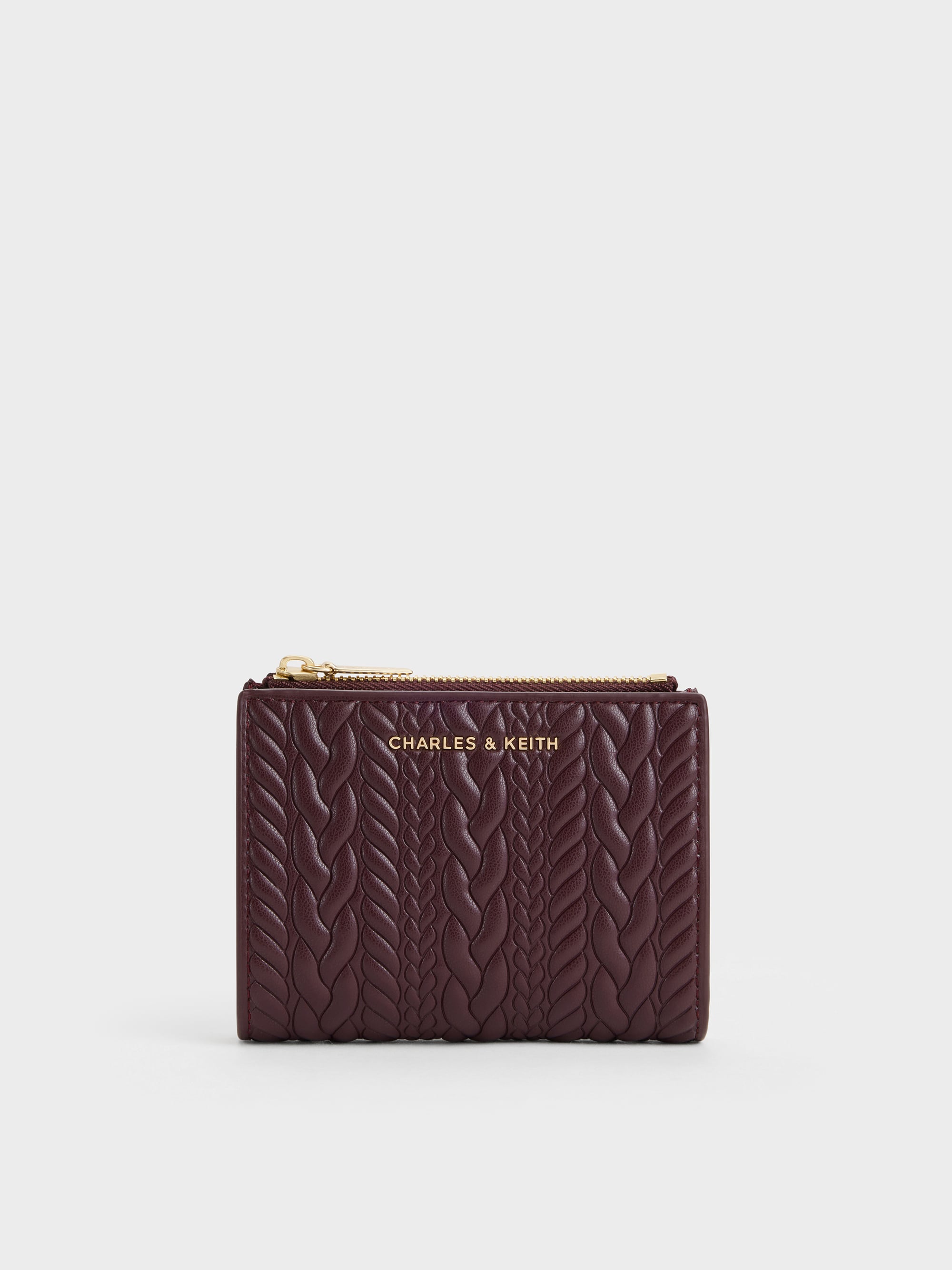 Charles & Keith - Apolline Textured Top-zip Wallet In Wineberry Red