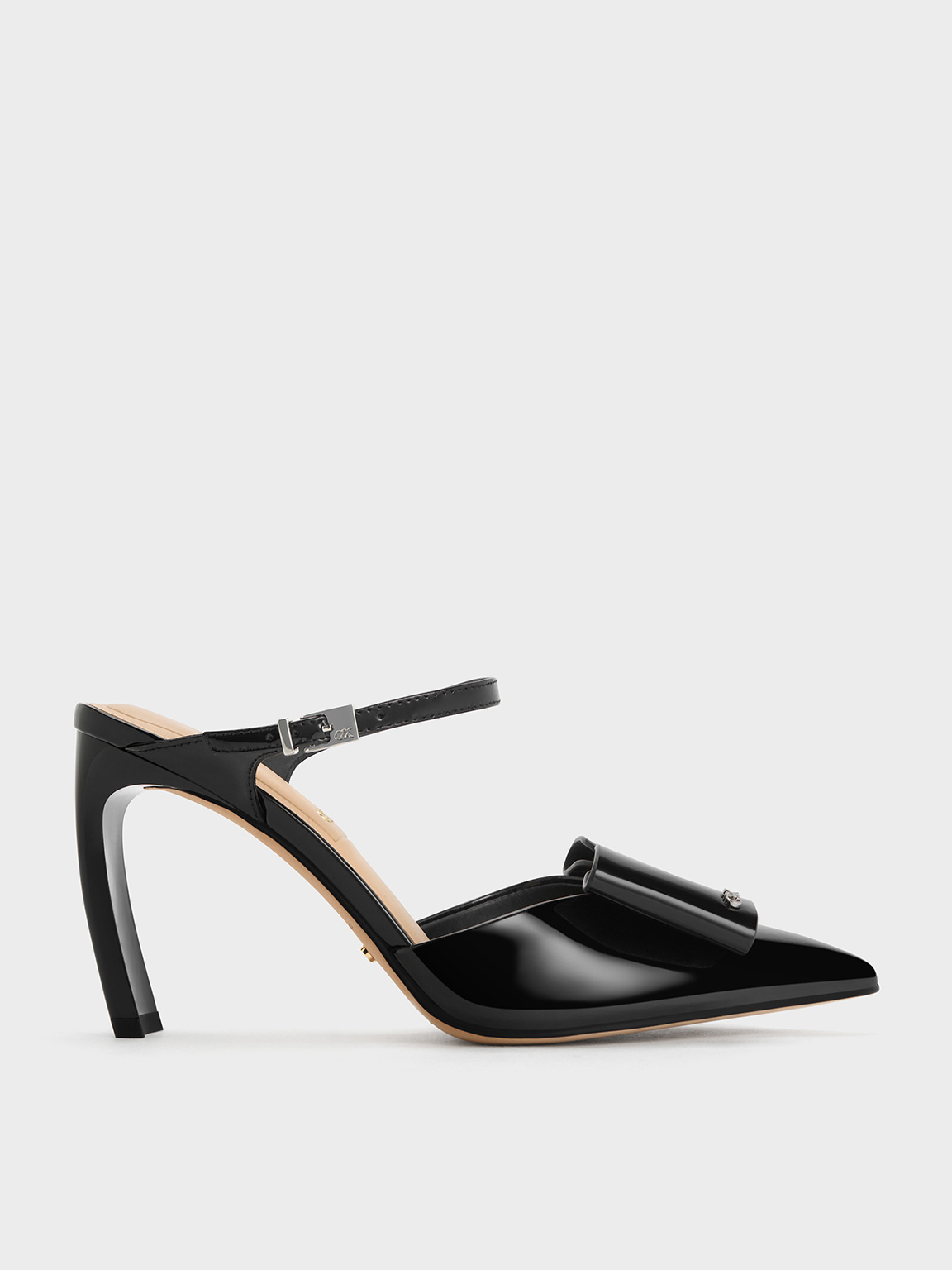 サンダル・ミュール Knotted llic Leather Mid-Heel Bow Mule Black Lu Patent Leather Bow Blade-Heel Mules - CHARLES
