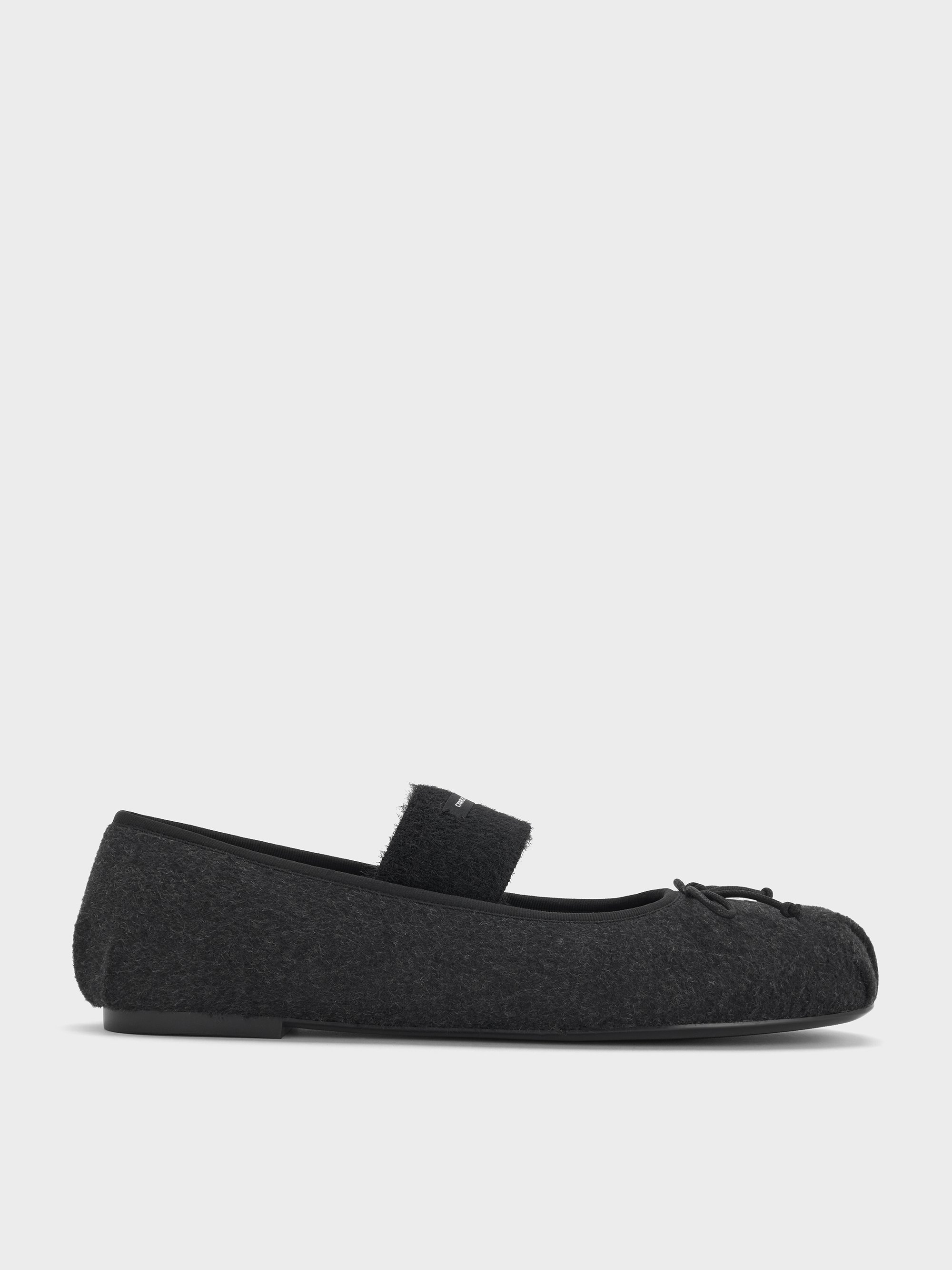 Charles & Keith - Winona Felt Bow Furry-strap Mary Jane Flats In Black
