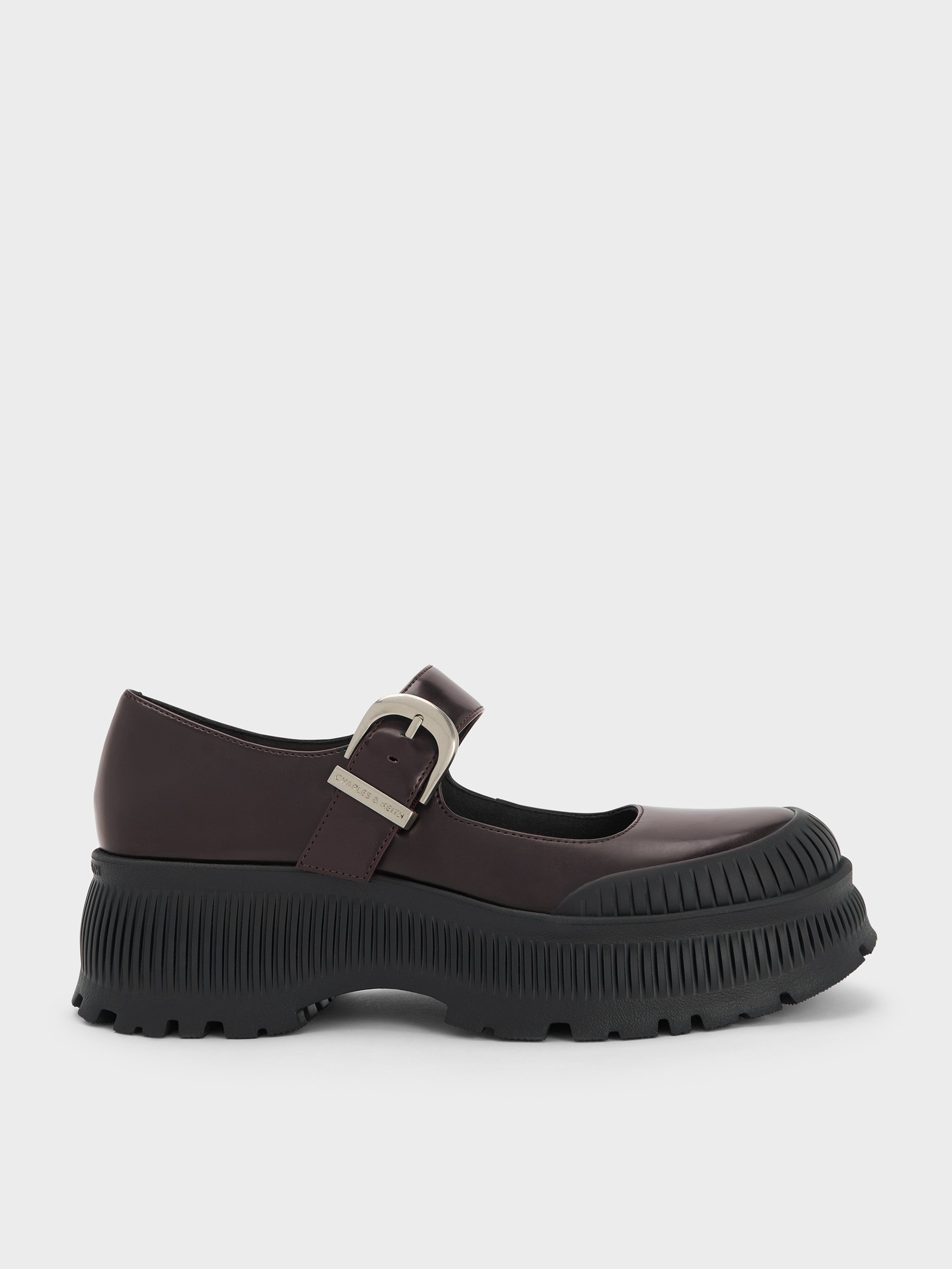 Charles & Keith - Darra Ridged-sole Platform Mary Janes In Burgundy
