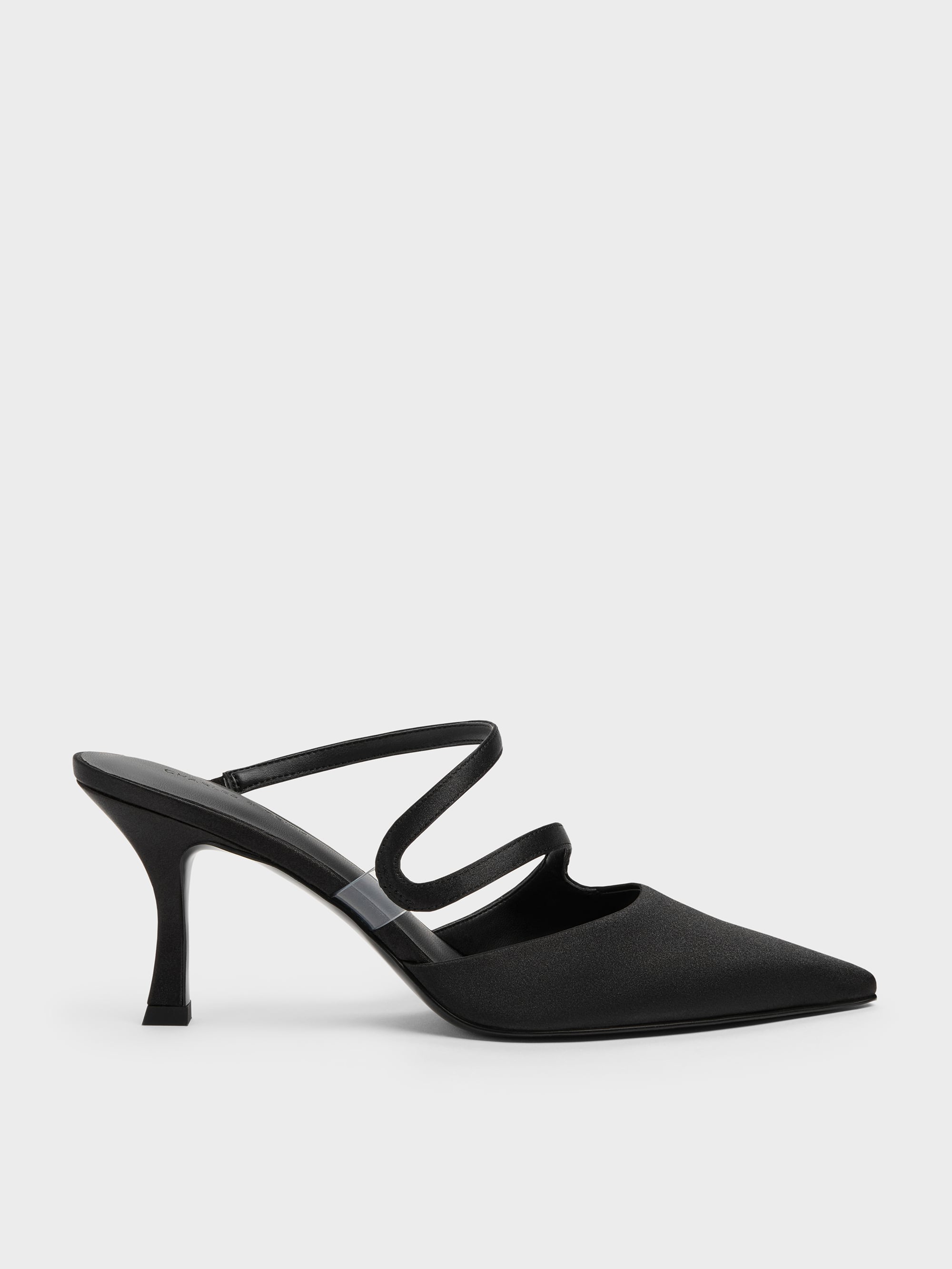Arden Satin Pointed Wavy Heeled Mules - Black Textured - CHARLES