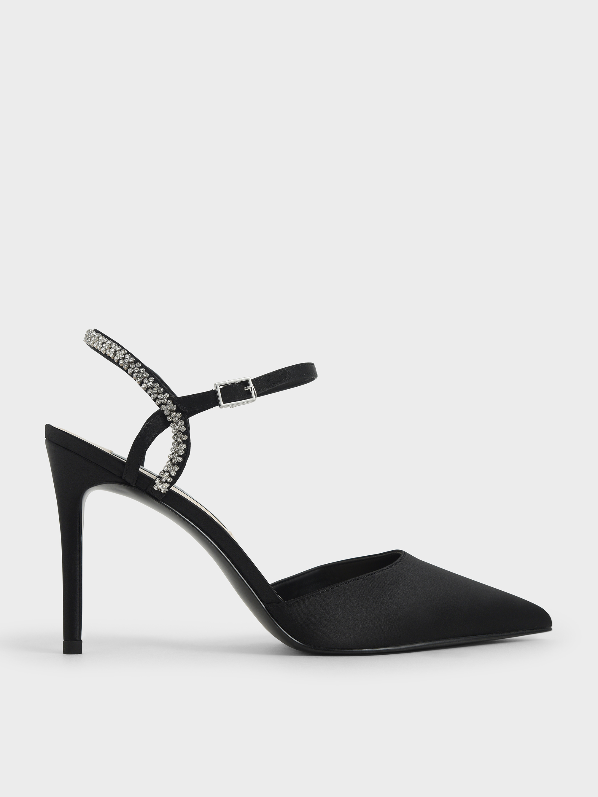 Black Satin Embellished Back Strap Court Shoes - CHARLES u0026 KEITH MY