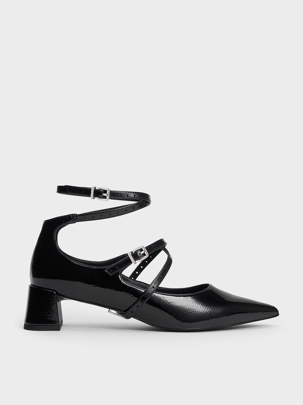 Charles & Keith Crinkle-effect Strappy Buckled Pumps In Black Patent