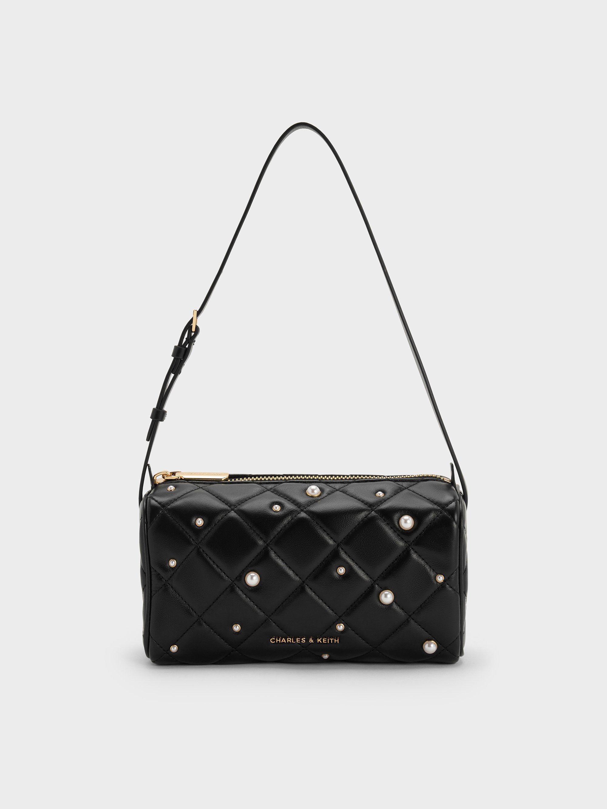 Charles & Keith - Janie Pearl-embellished Quilted Shoulder Bag In Black