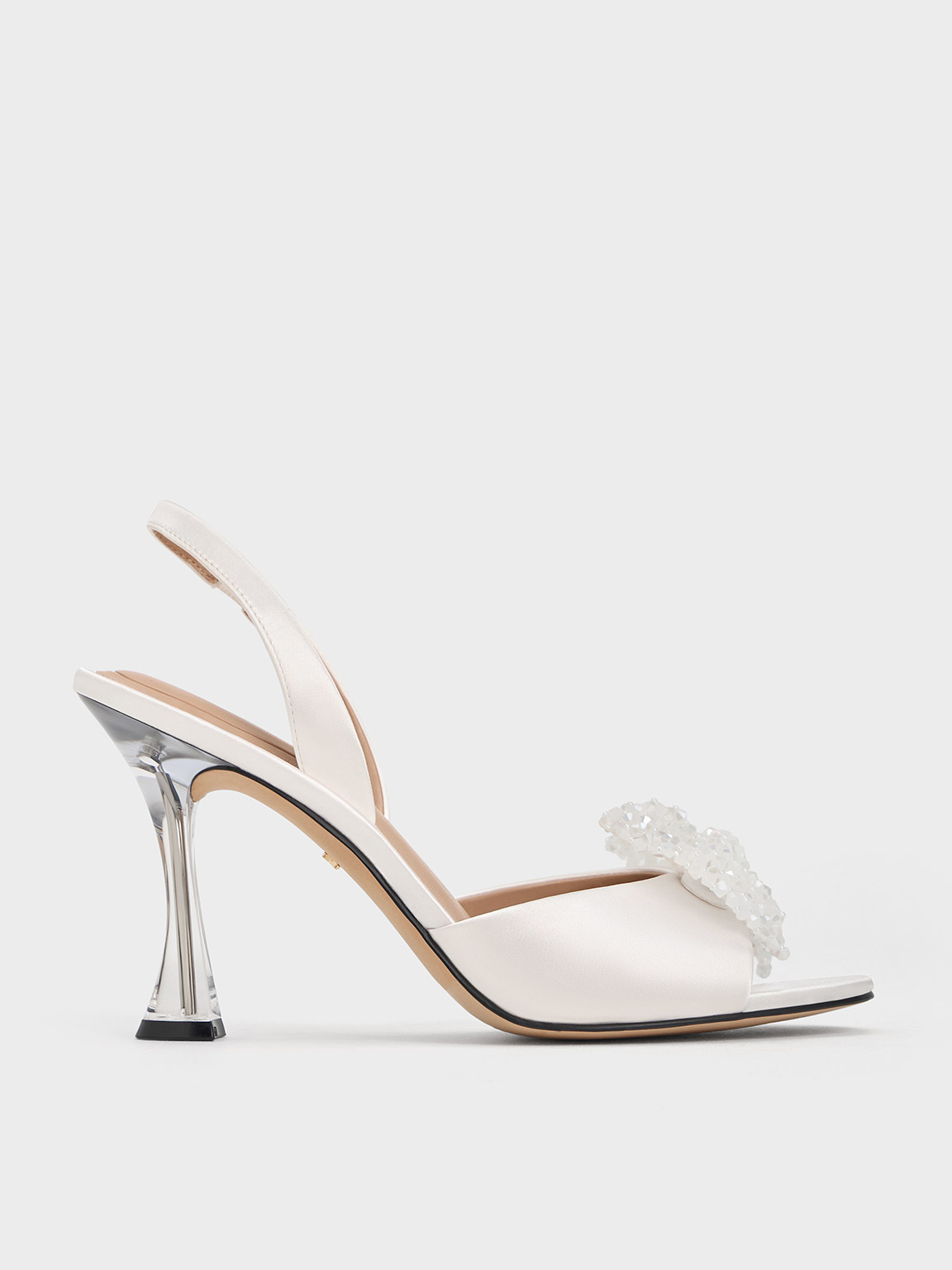Charles & Keith Recycled Polyester Beaded Bow Slingback Pumps In White