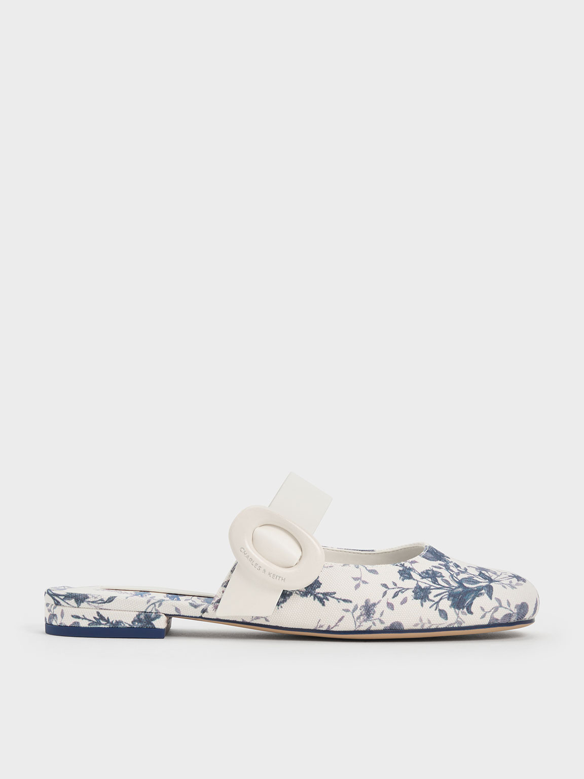 Charles & Keith Floral-print Oval-buckle Flat Mules In Dark Blue