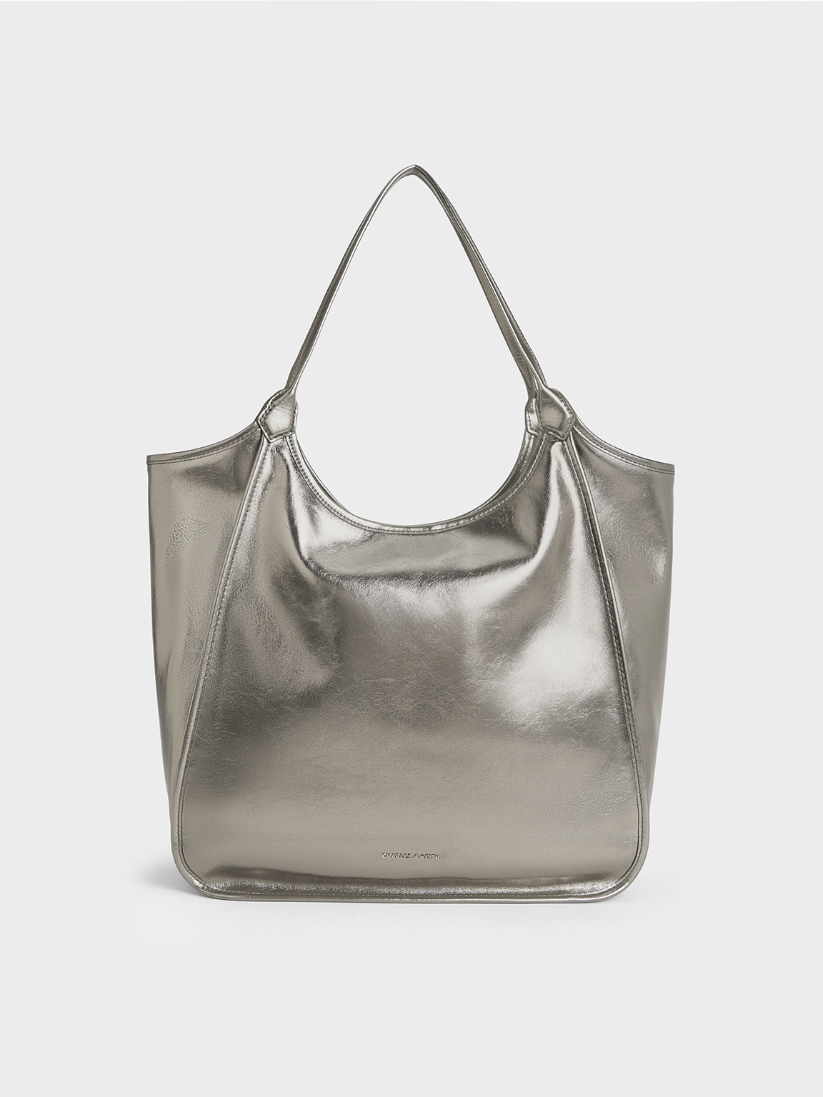 Charles & Keith - Sianna Metallic Crinkle-effect Slouchy Tote Bag In Pewter