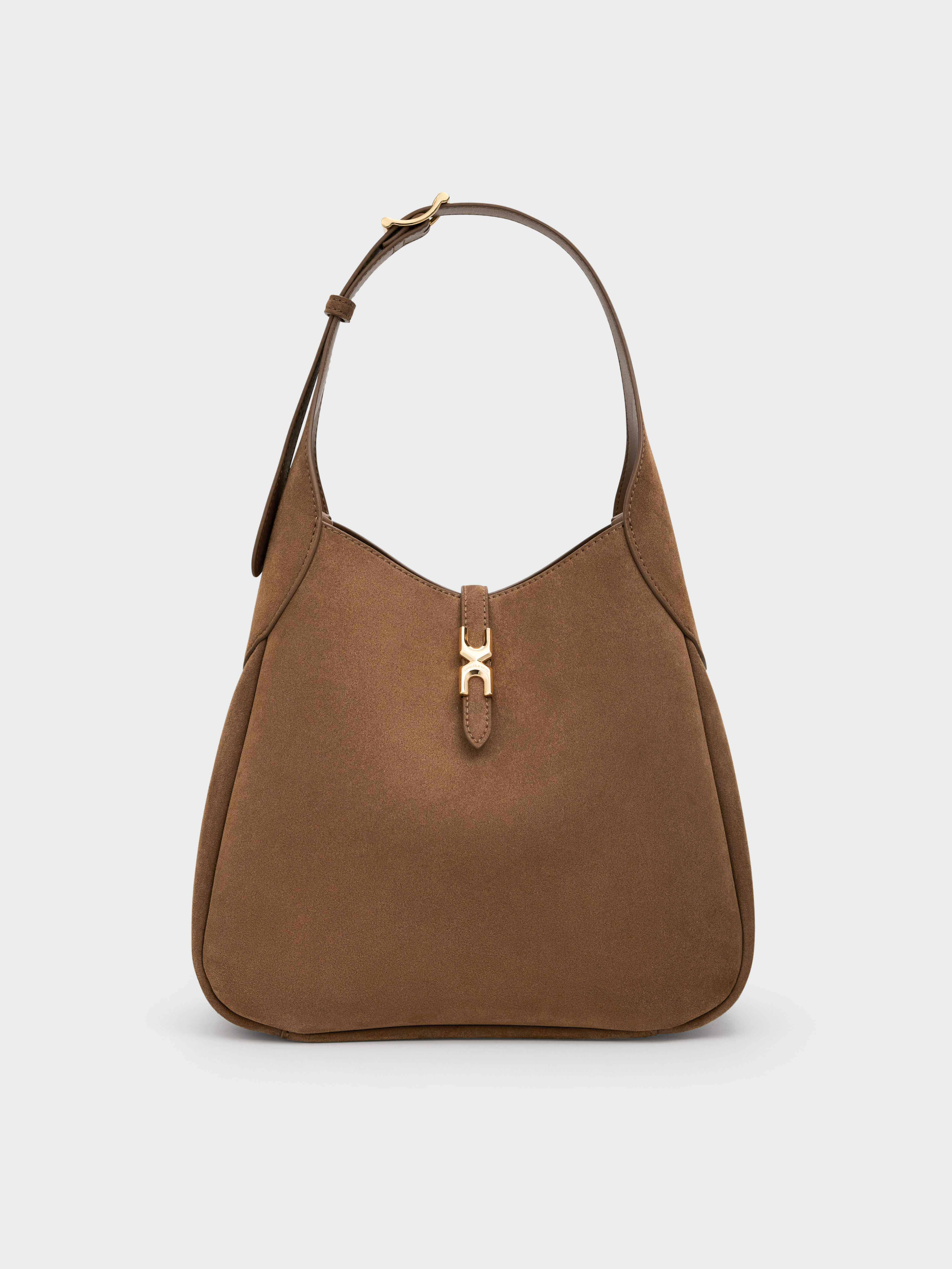 Charles & Keith - Adalyn Recycled Suede Metallic-buckle Belted Hobo Bag In Brown
