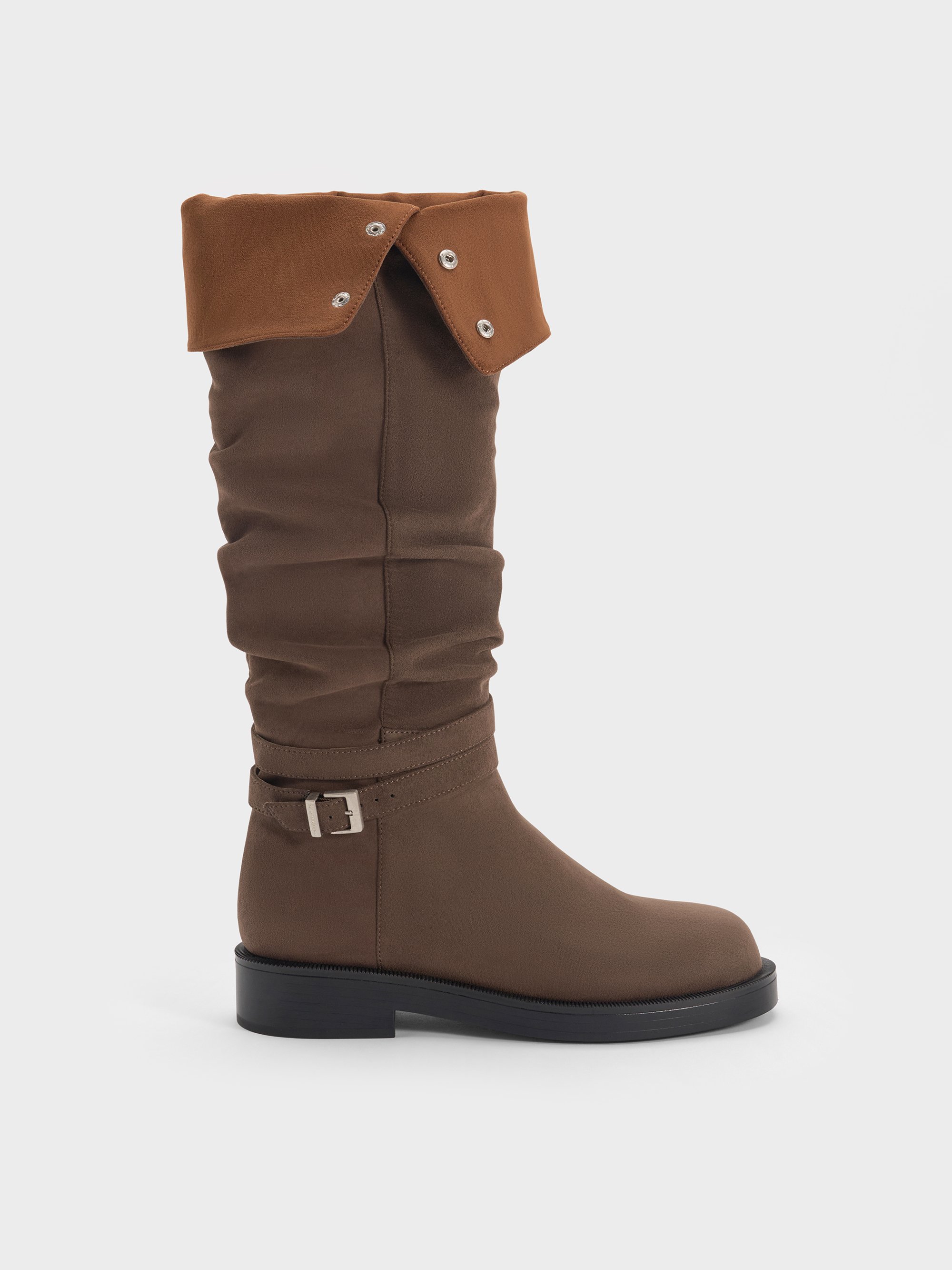 Charles & Keith - Ellis Faux Suede Ruched Buckled Fold-over Thigh-high Boots In Brown