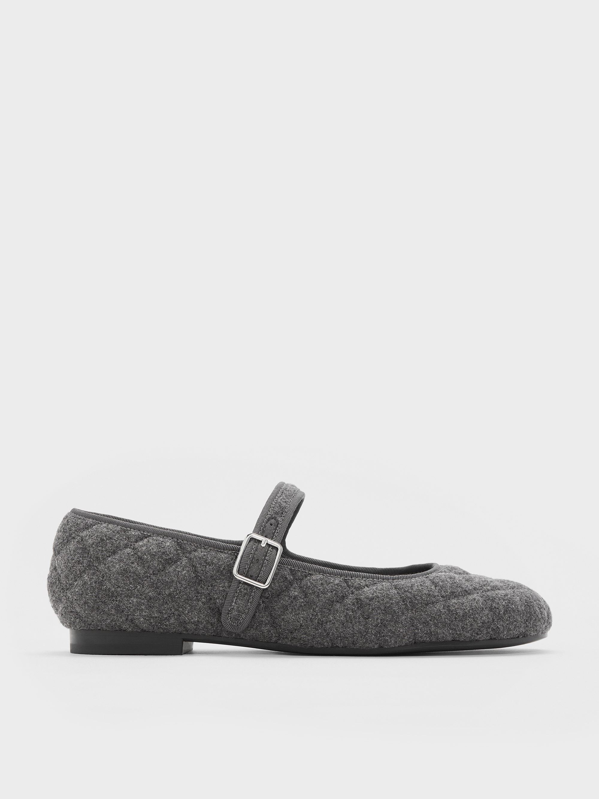 Charles & Keith - Carmel Felt Quilted Buckled Mary Jane Flats In Gray