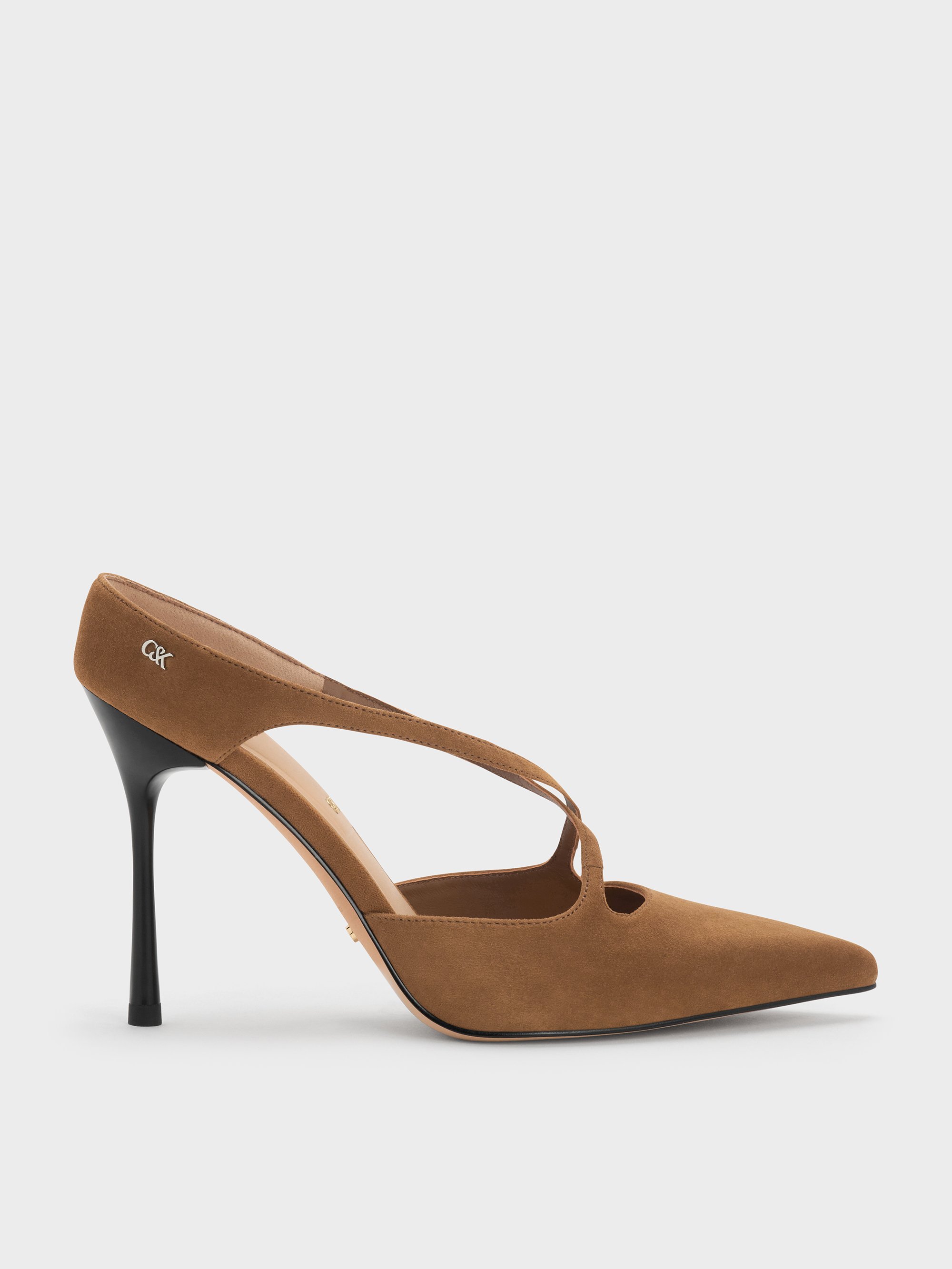 Charles & Keith - Kyra Suede Crossover-strap Stiletto-heel Mules In Brown
