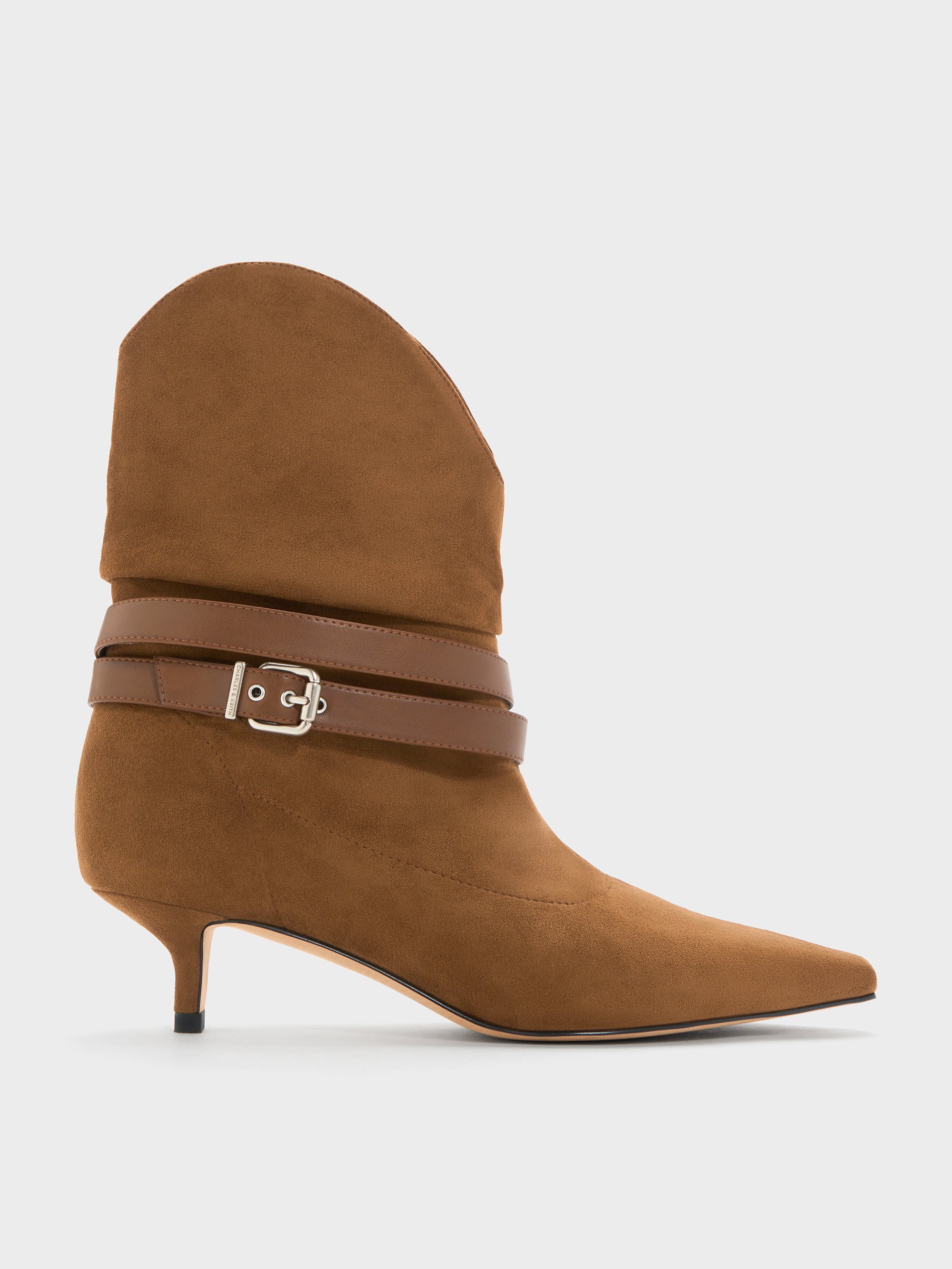 Charles & Keith - Karter Faux Suede Pointed-toe Ruched Buckled Kitten-heel Boots In Brown