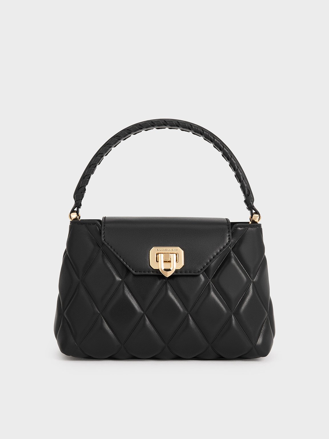 Charles & Keith Arwen Quilted Braided-strap Top Handle Bag In Black
