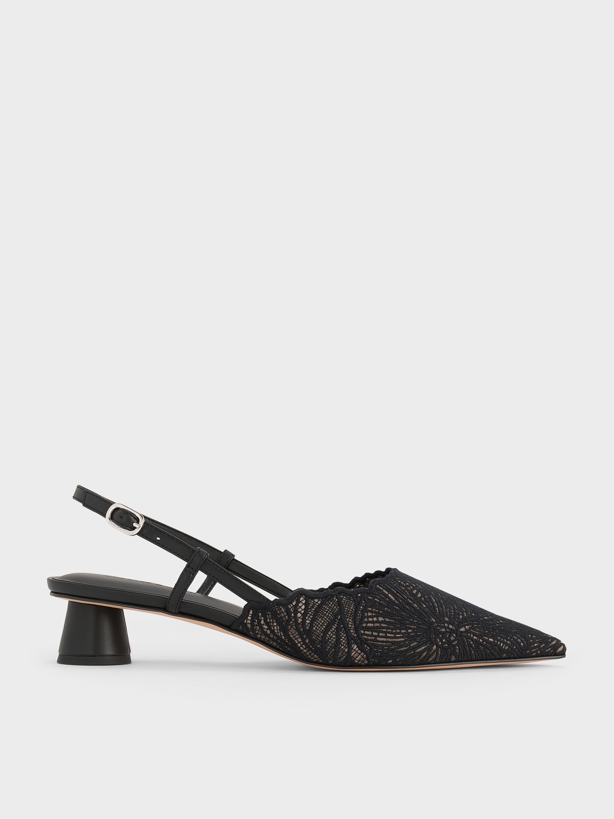 Black Textured Meja Floral Pointed-Toe Slingback Pumps - Black