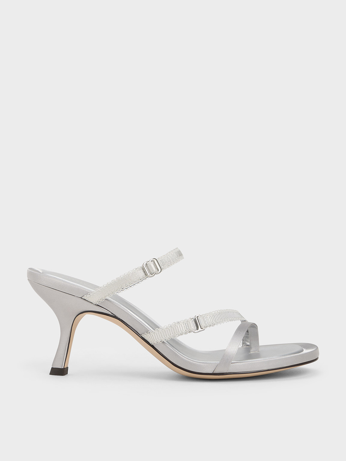 Charles & Keith Satin Lace-strap Thong Sandals In Silver