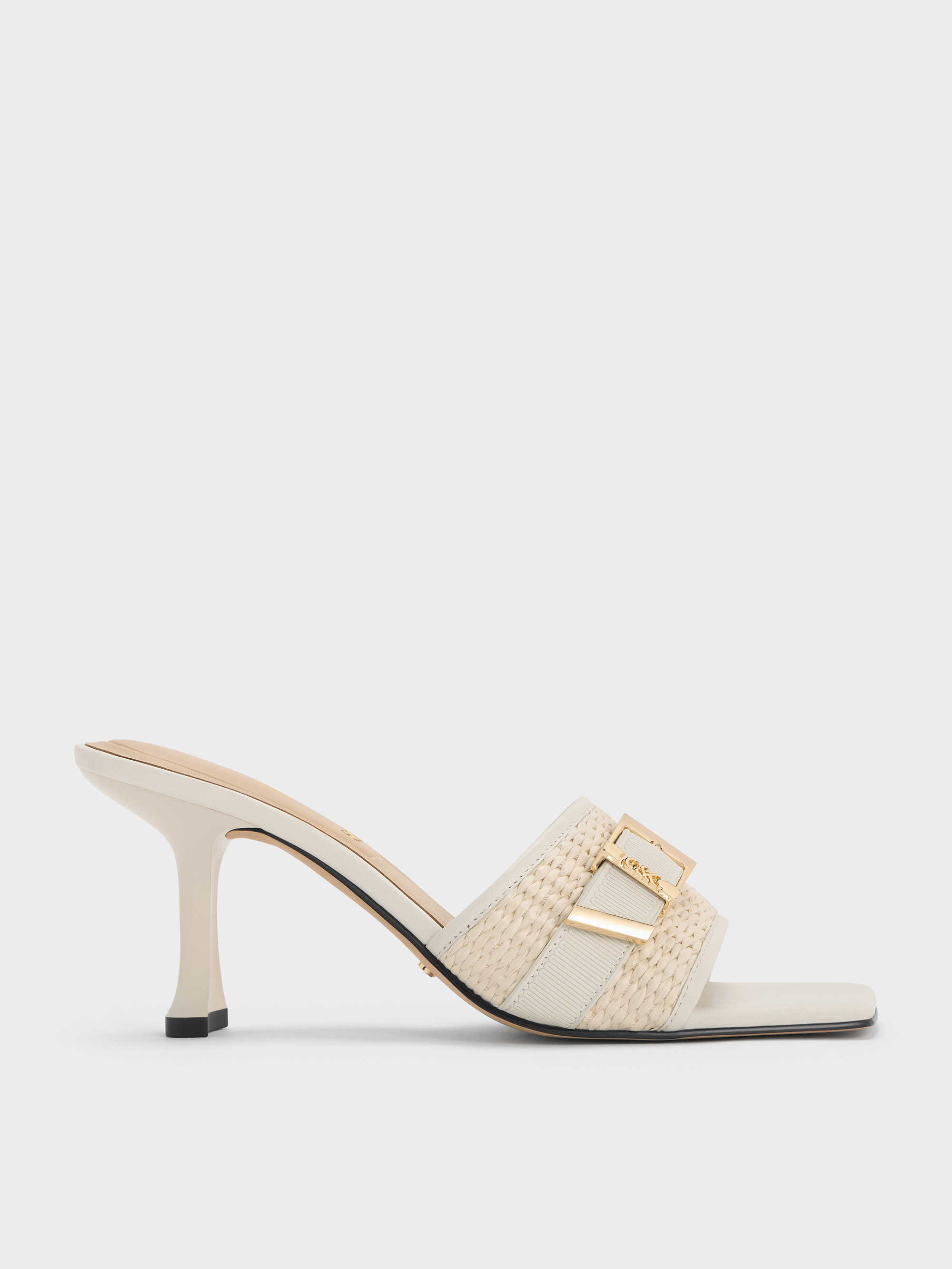 サンダル・ミュール CHARLES&KEITH Whitney Leather & Raffia Buckled Heeled Mules Brown Whitney Leather & Raffia Buckled Heeled Mules