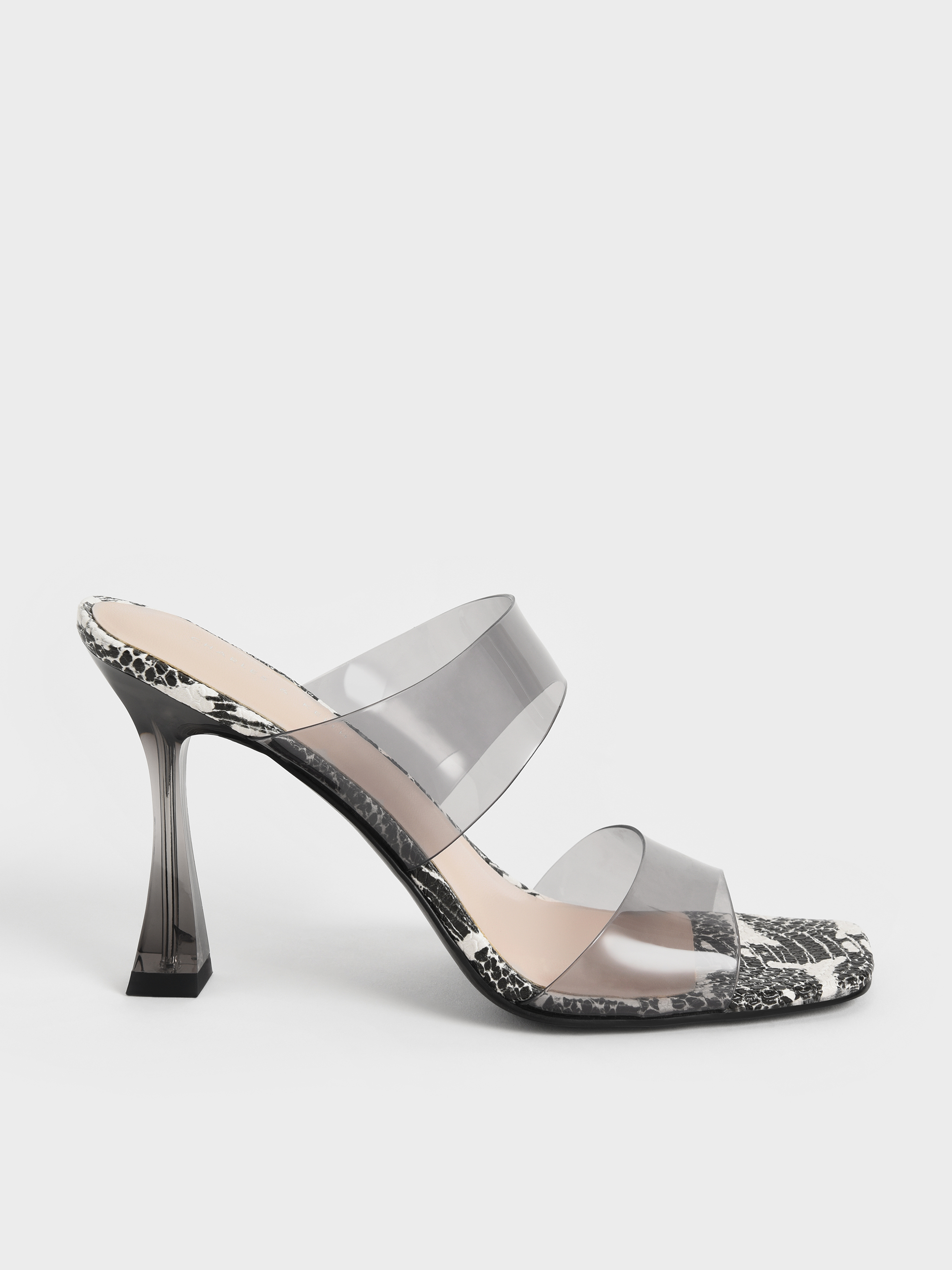 Black Snake-Print See-Through Heeled Mules - CHARLES & KEITH 
