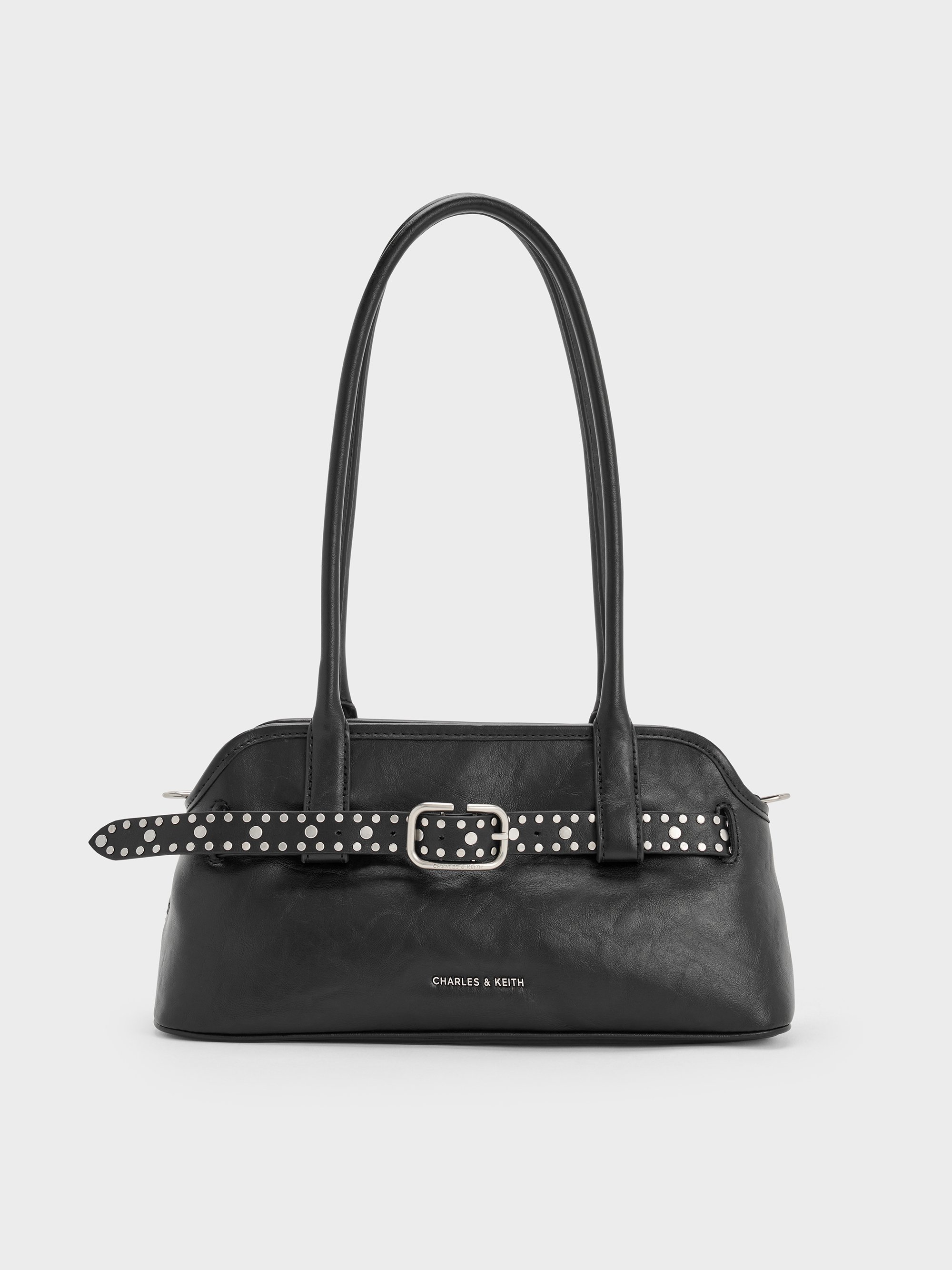 Charles & Keith - Victoria Studded Belted Elongated Shoulder Bag In Black