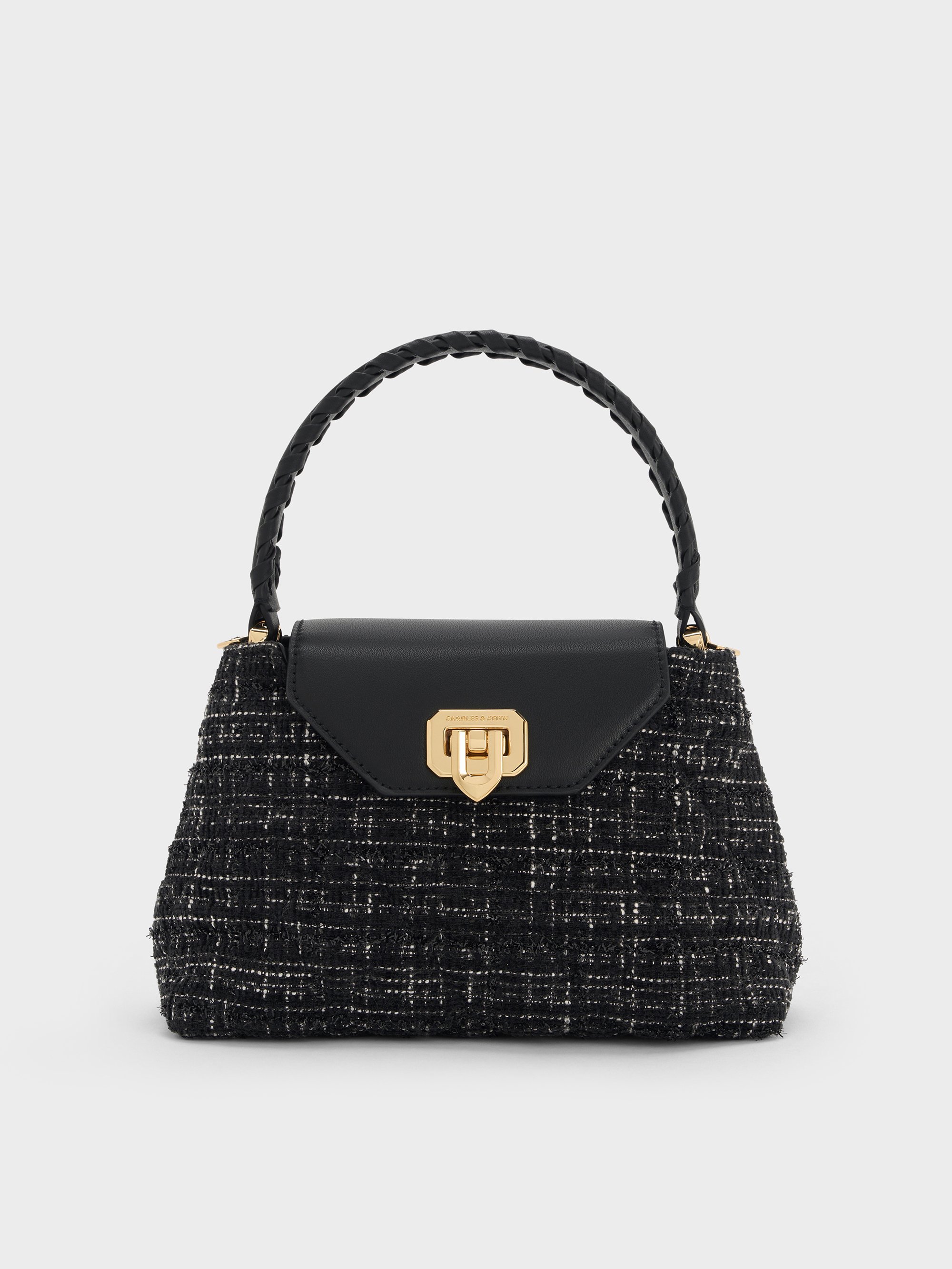 Charles & Keith - Arwen Tweed Quilted Braided-strap Top Handle Bag
