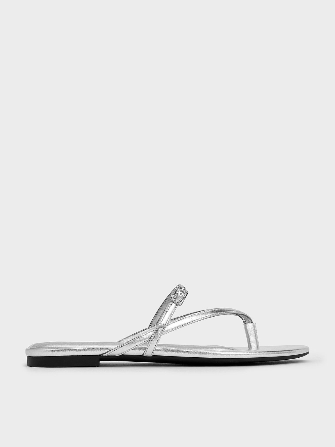 Silver Metallic Crystal-Buckle Strappy Thong Sandals