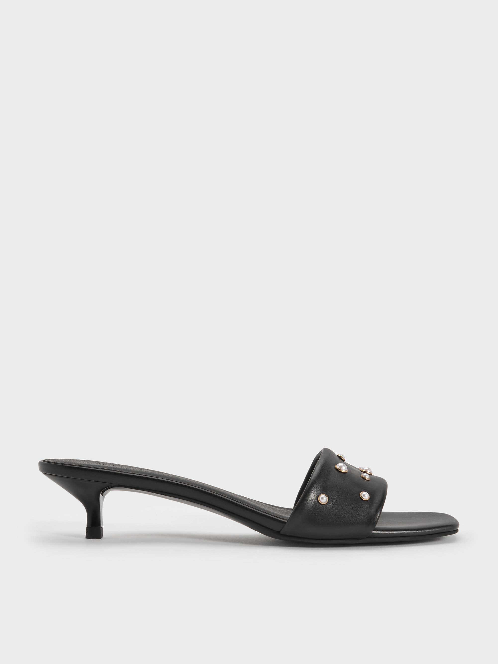 Black Susie Pearl-Embellished Square-Toe Kitten-Heel Mules | CHARLES & KEITH
