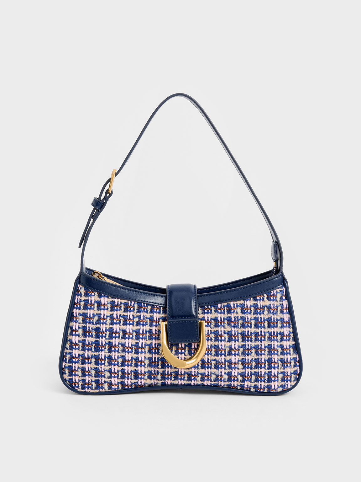 Navy Gabine Tweed Curved Shoulder Bag - CHARLES & KEITH US