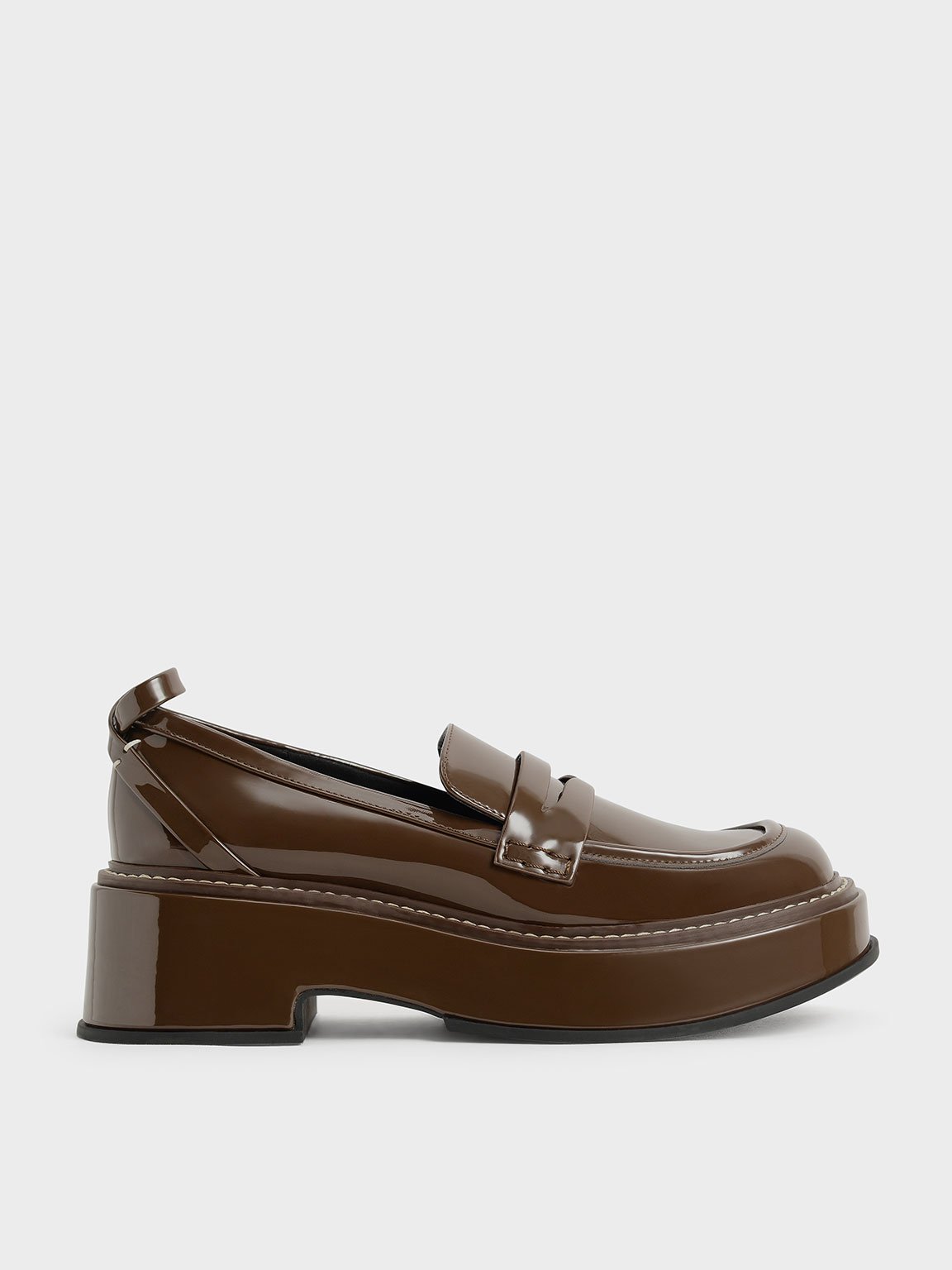 Dark Brown Patent Platform Penny Loafers | CHARLES &amp; KEITH