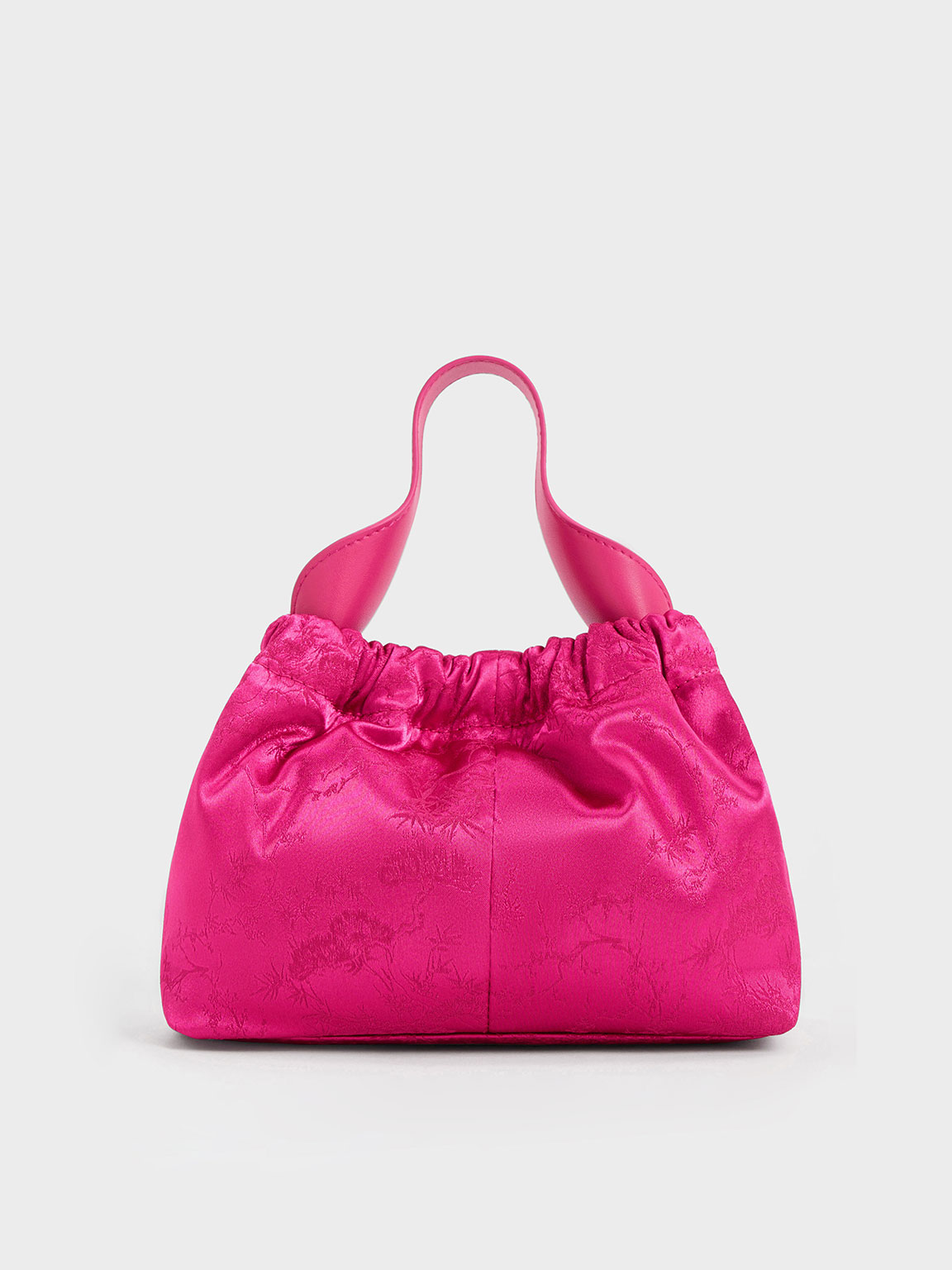 Charles & Keith Ally Satin Floral-print Ruched Bag In Fuchsia